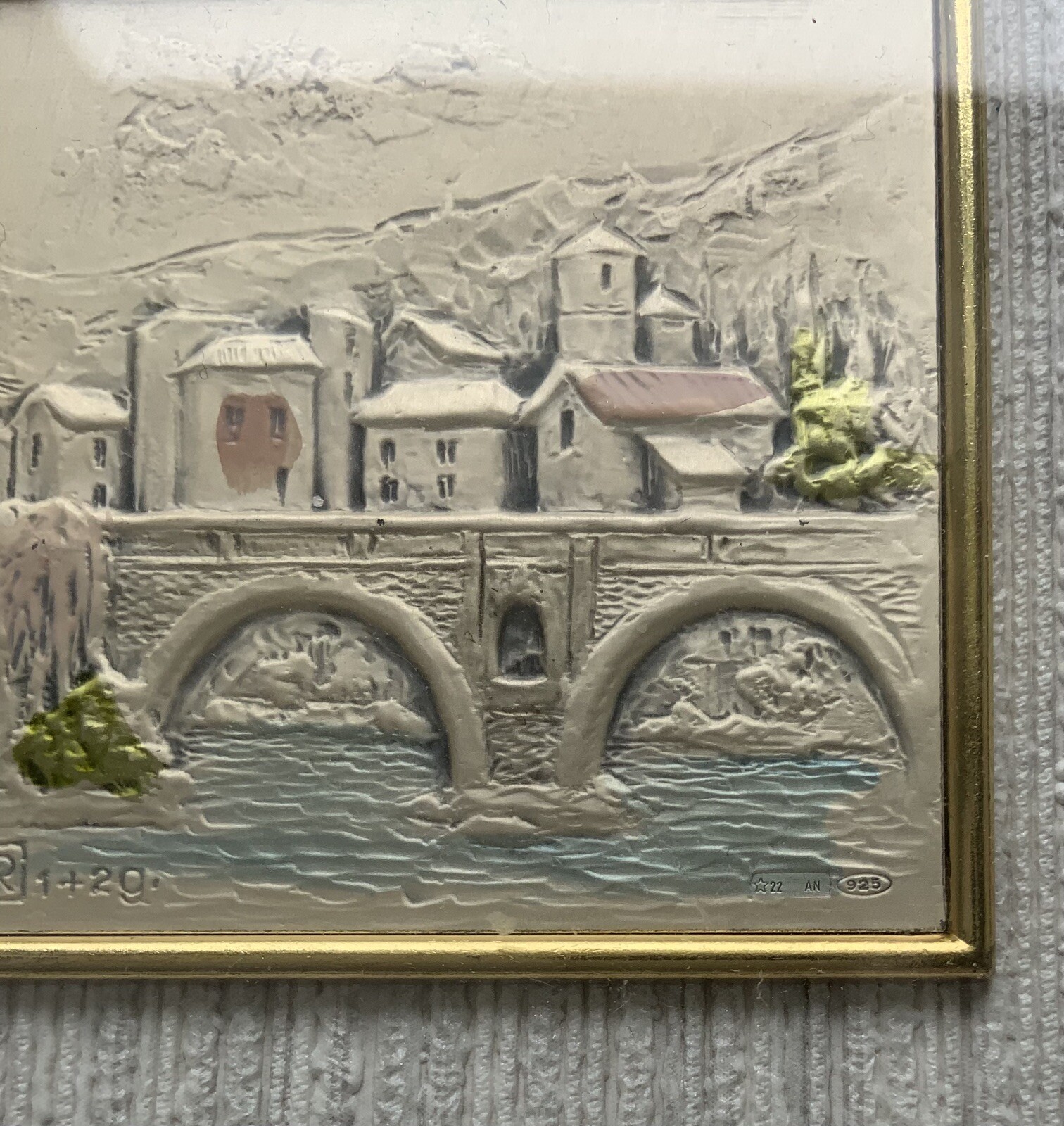 Vtg Embossed Sterling Silver Painted Hand Made Italy City Bridge Scene 4.5”x 4.5