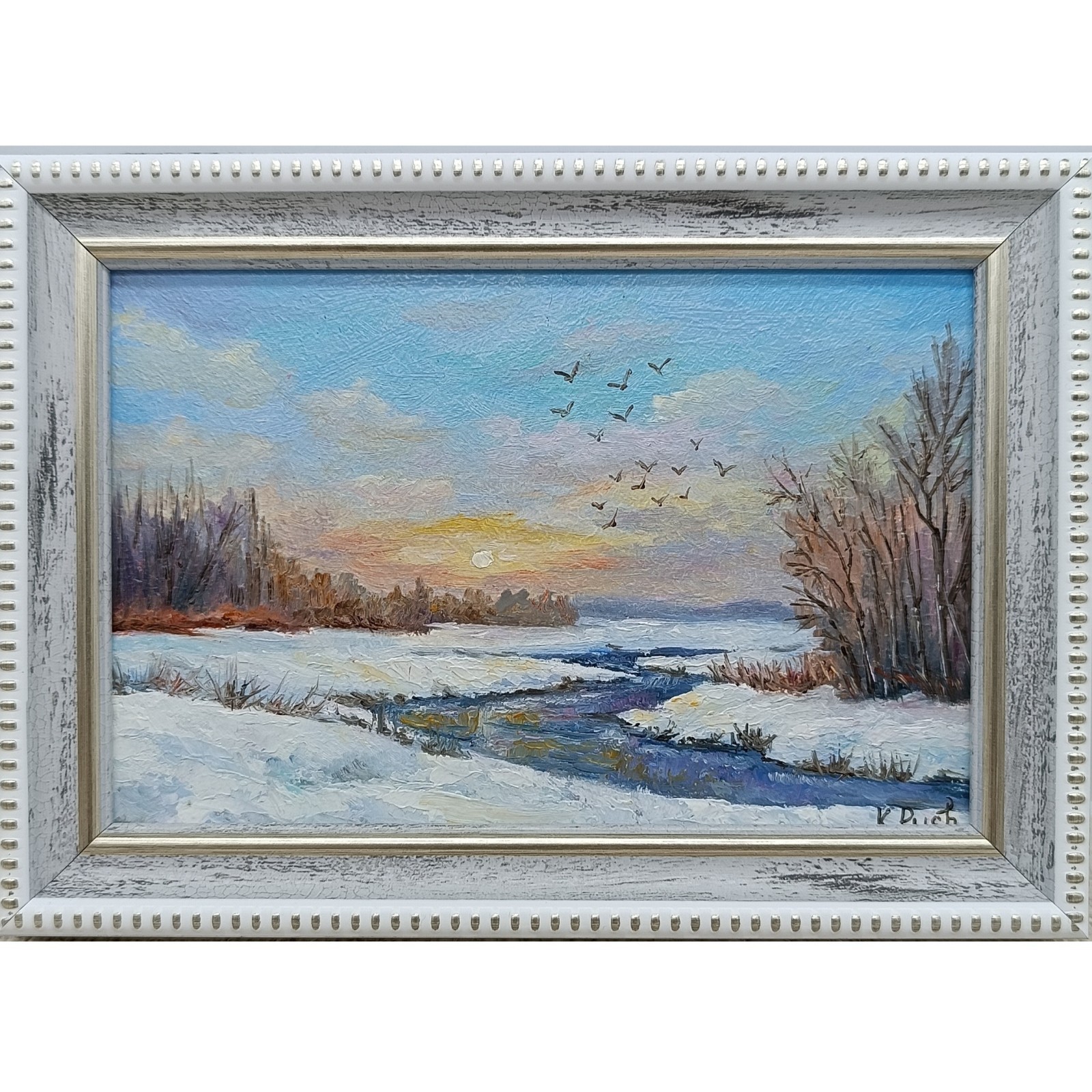 Winter Landscape Original Oil Painting 6×4 Framed Signed Sunset Snow River Art