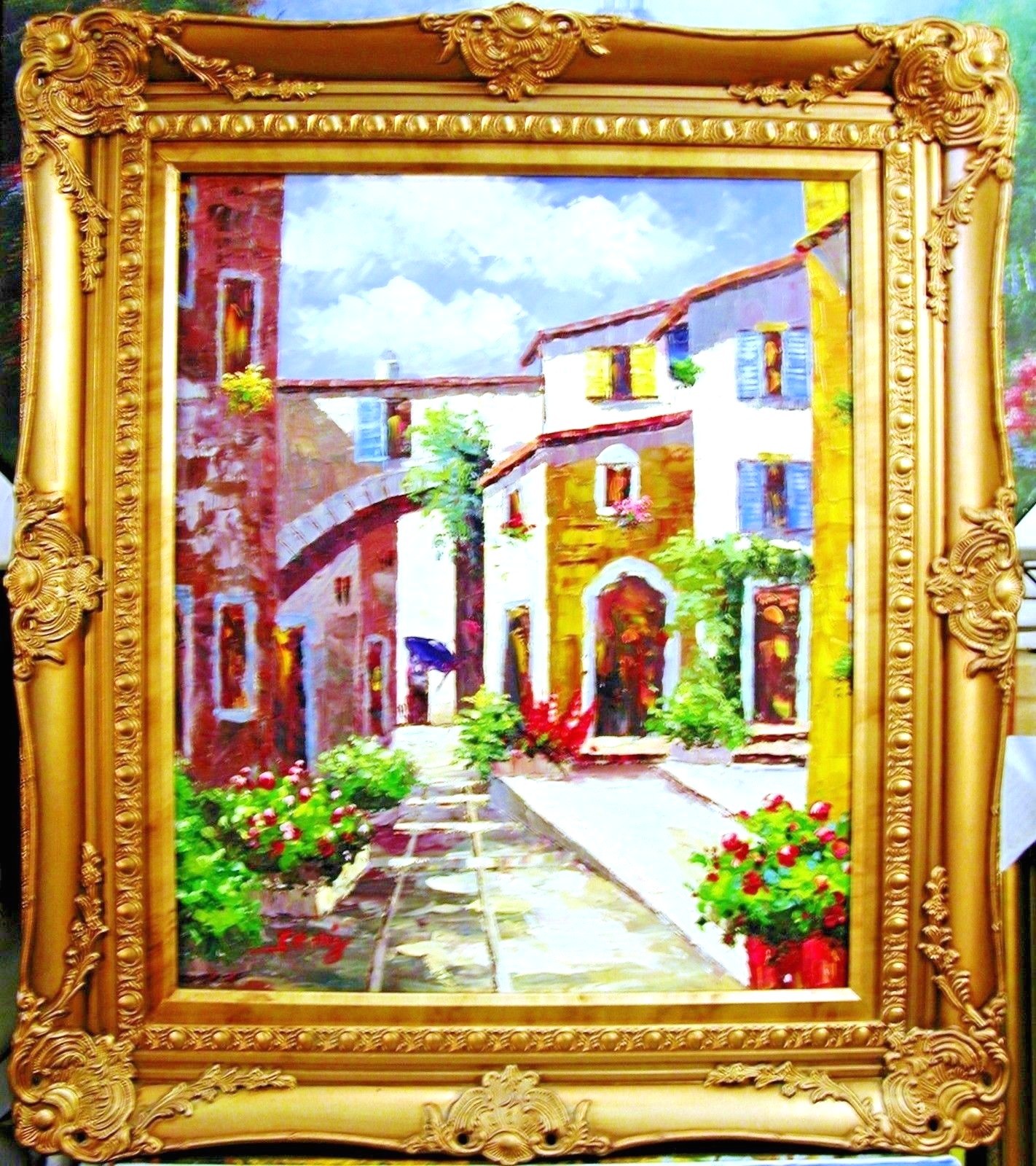 VENICE EUROPEAN VILLA HOUSE FLOWER POT 24″ STRETCHED OIL PAINTING DECOR ART S83