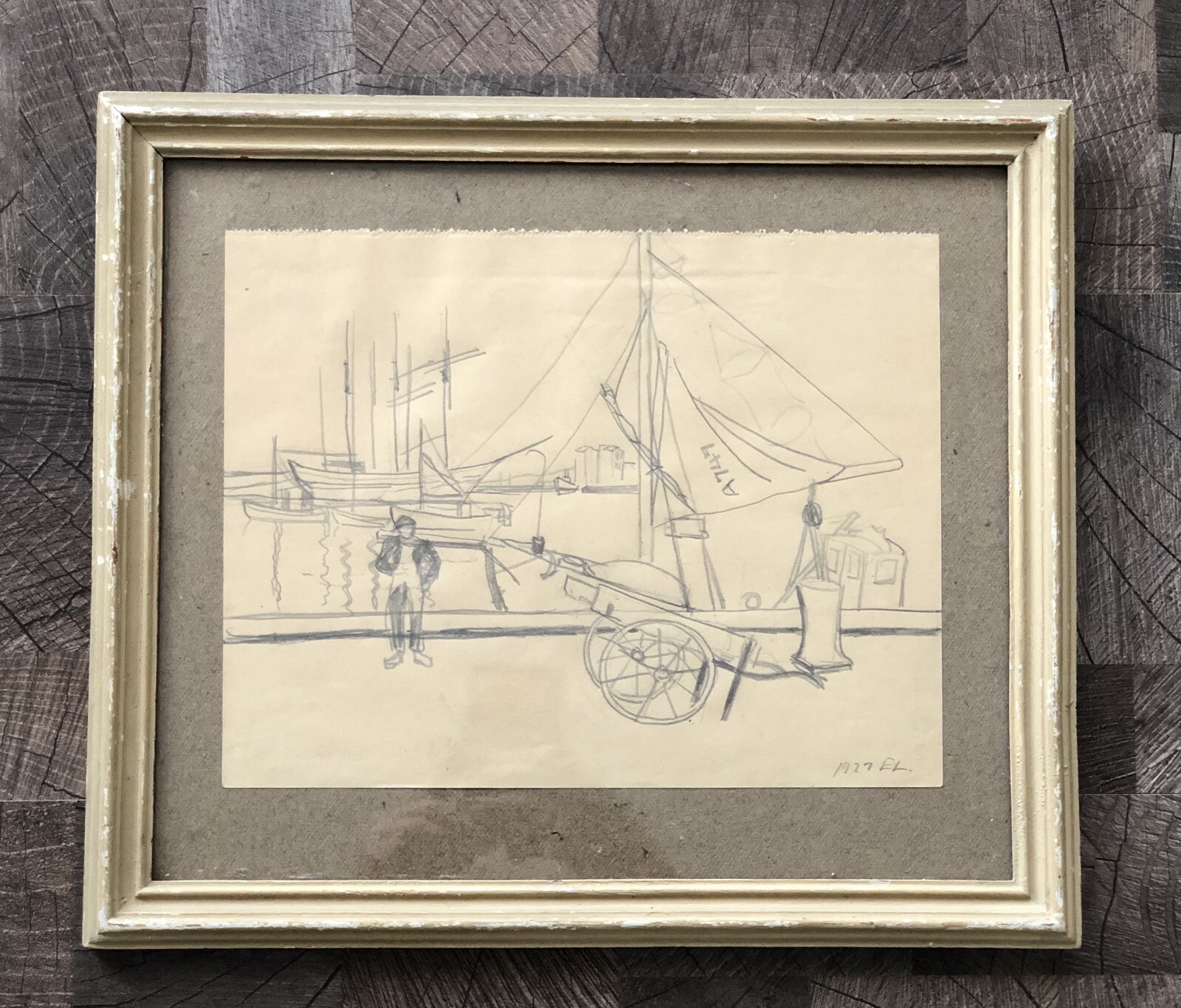 Antique Pencil Drawing Sketch Harbor Fishing Boats Nets Cart Pier Sea 1921
