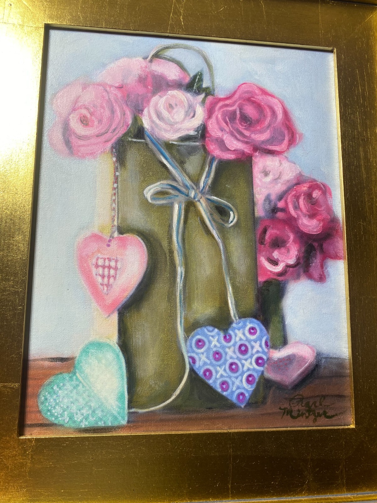 Pearl Mintzer «Hearts And Flowers Scene» Oil Painting – Signed And Framed