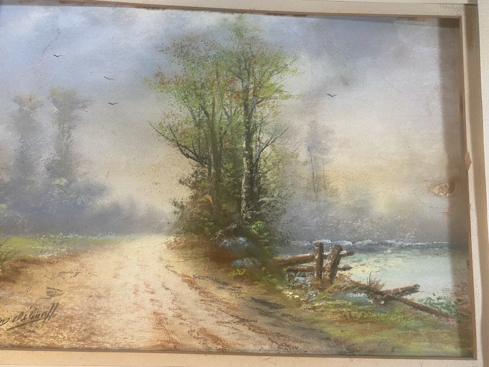 Antique M DeGraff «Landscape With Path And River» Pastel Painting -Signed/Framed