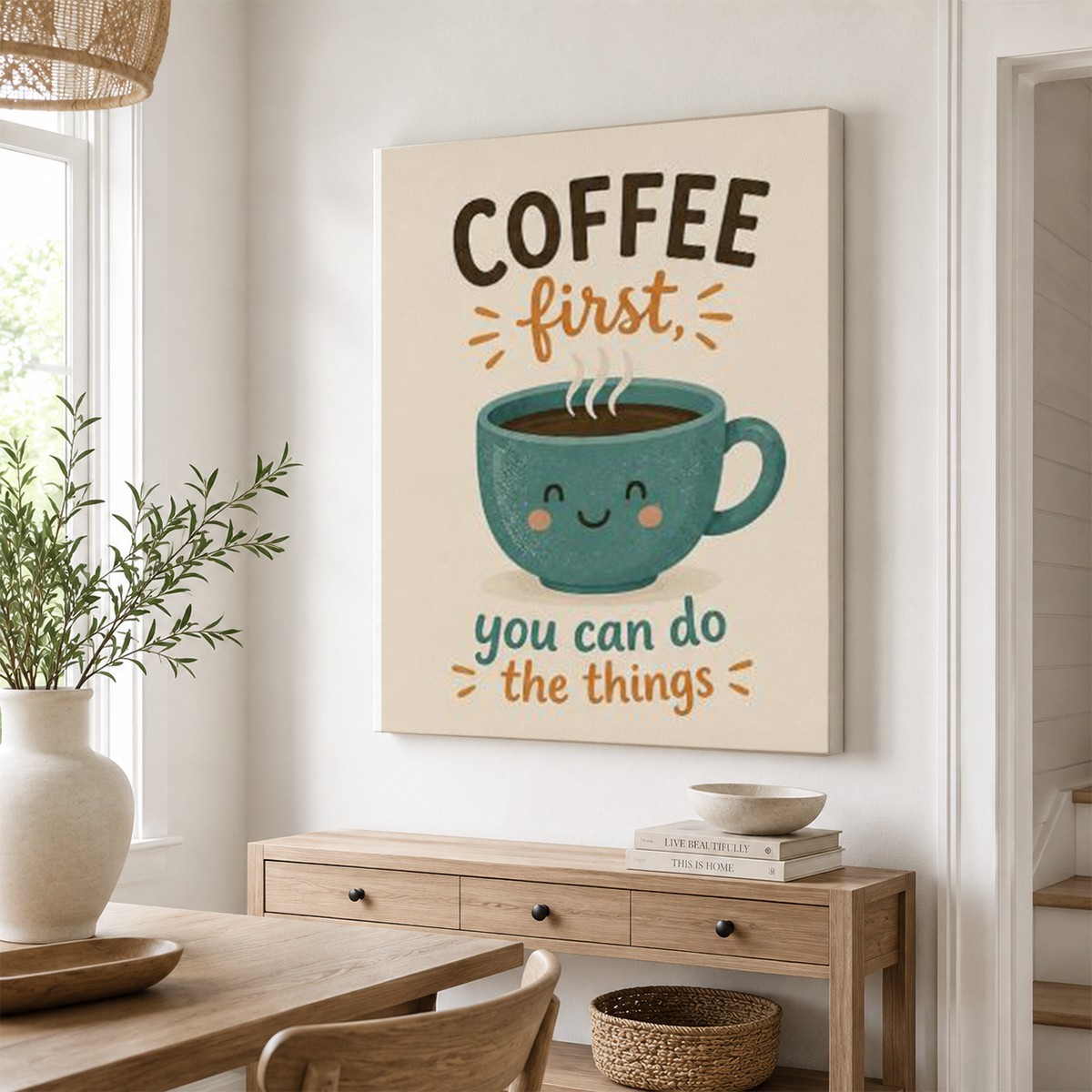Coffee First Canvas Wall Art Cute Coffee Cup Kitchen Decor Motivational Quote