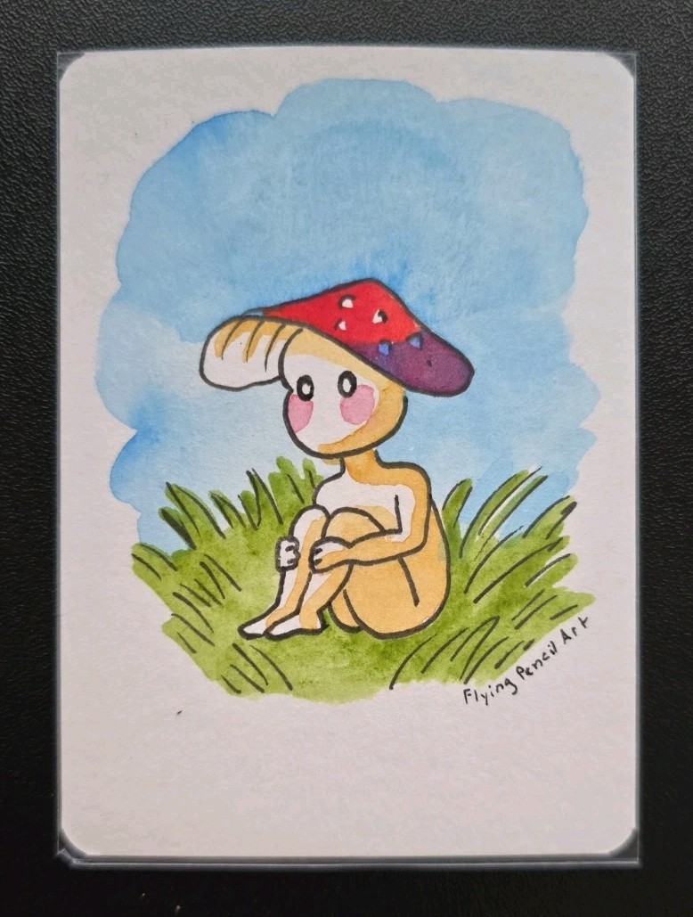 Original ACEO Watercolor Painting Mushroom Sitting In Grass 2.5 x 3.5″ By FPA