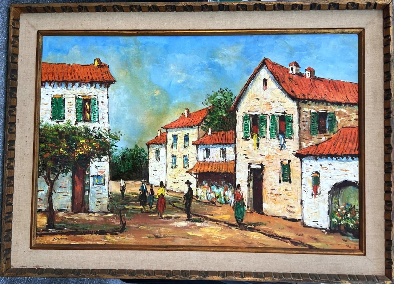Vintage Cityscape Landscape Oil Painting Art Homes People Artist Signed Framed