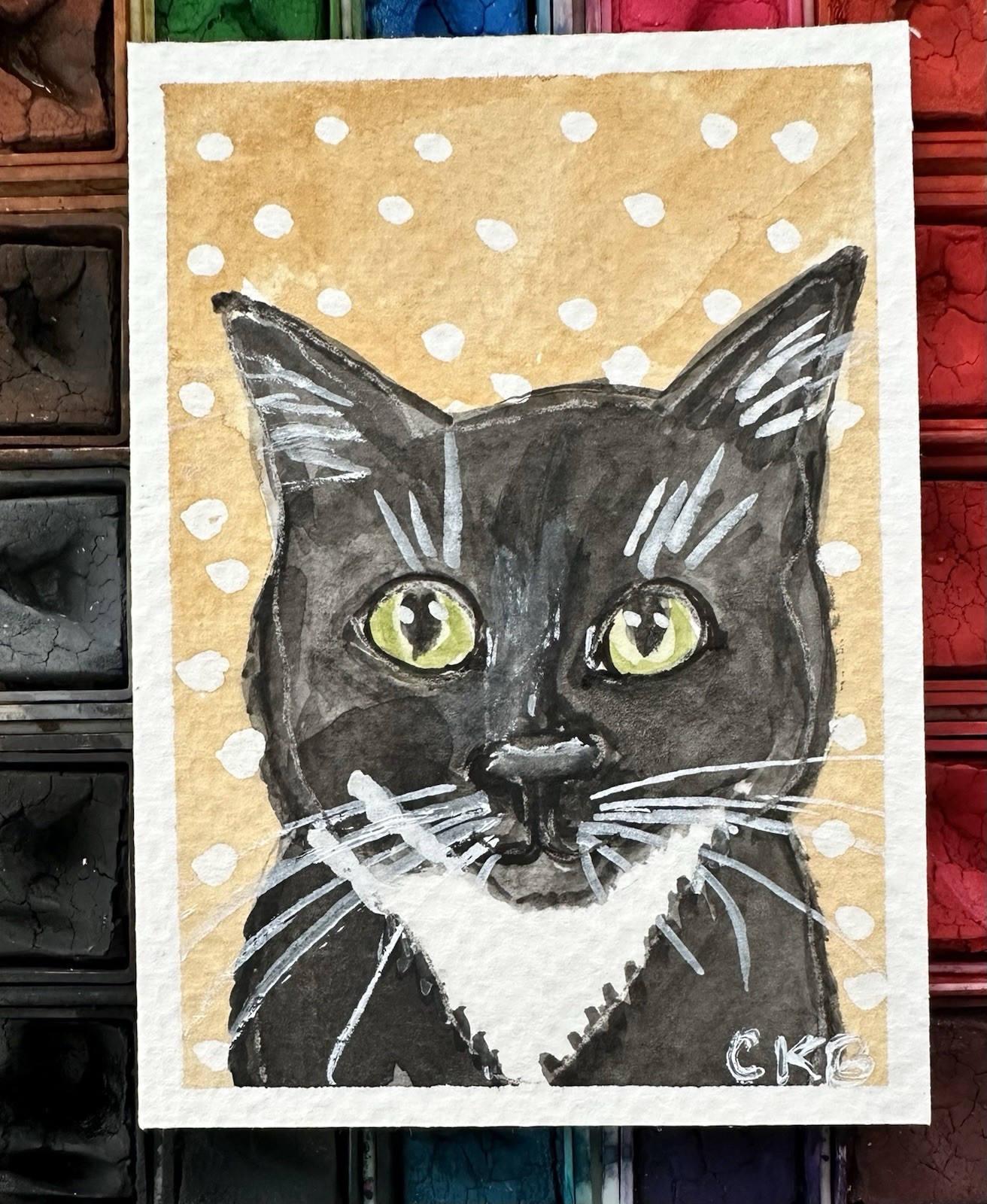 ACEO Original Watercolor Tuxedo Cat Signed 2.5 X3.5