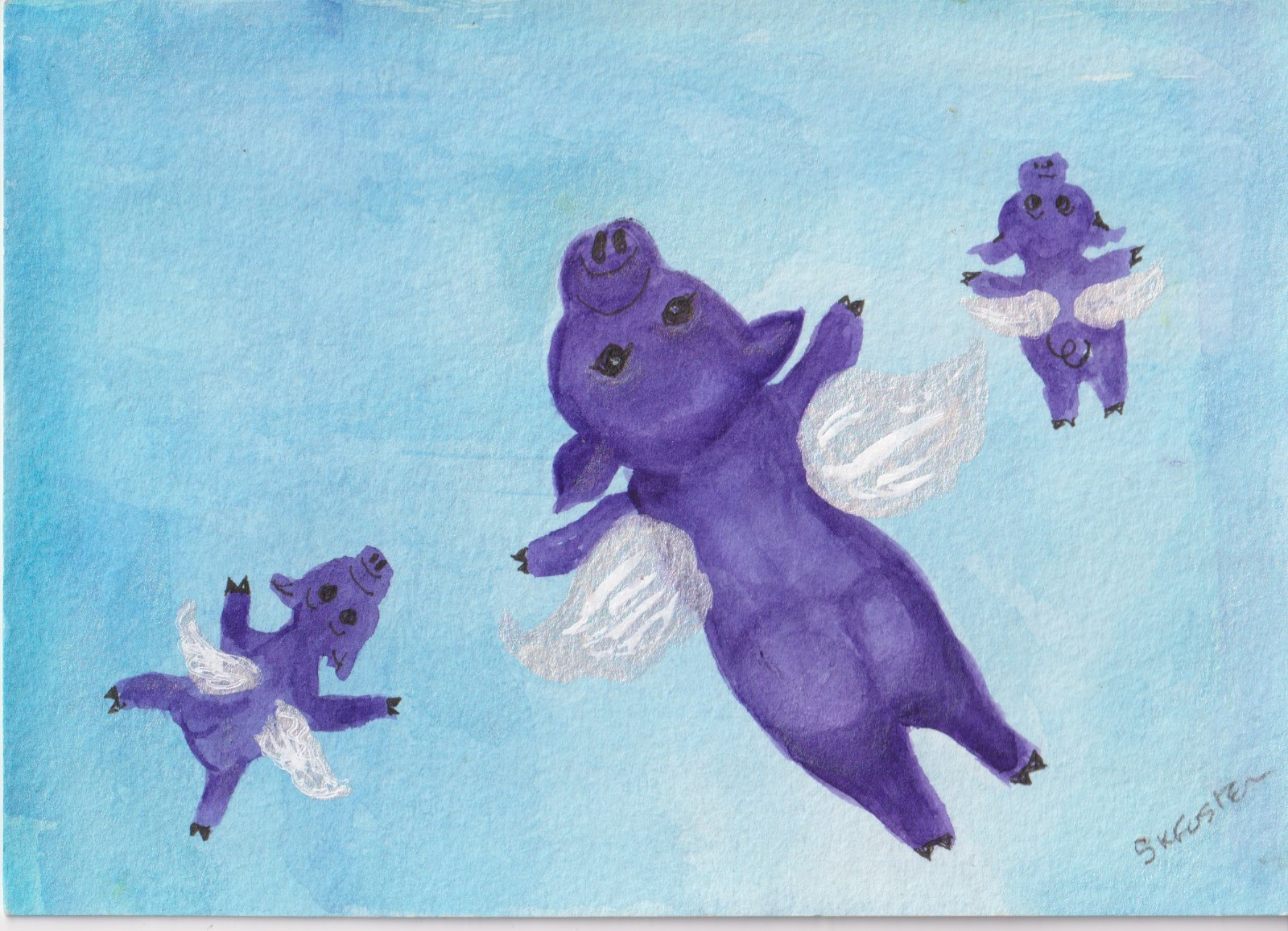 4 x 6 Cute Purple Flying Pigs Original Watercolor Painting by Sharon Foster