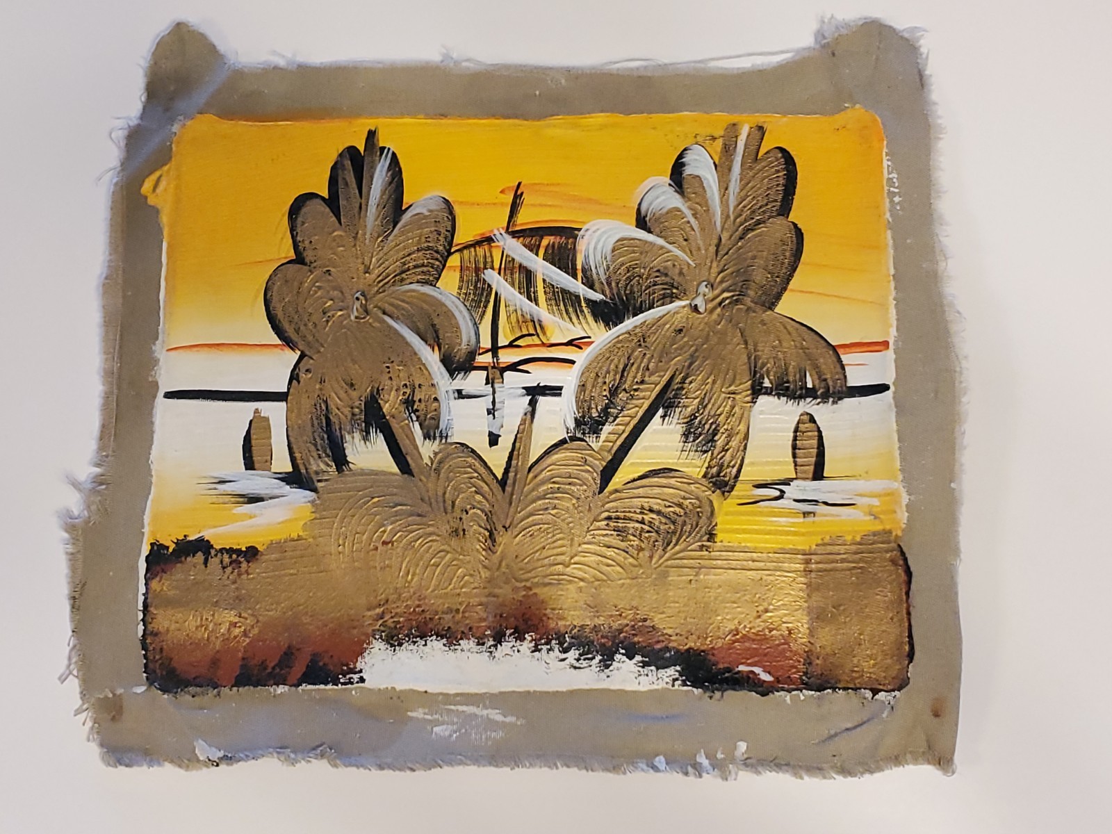 Original Oil Painting On Fabric 10×11 Ship Ocean Palms Beach Golden Sand Sunset