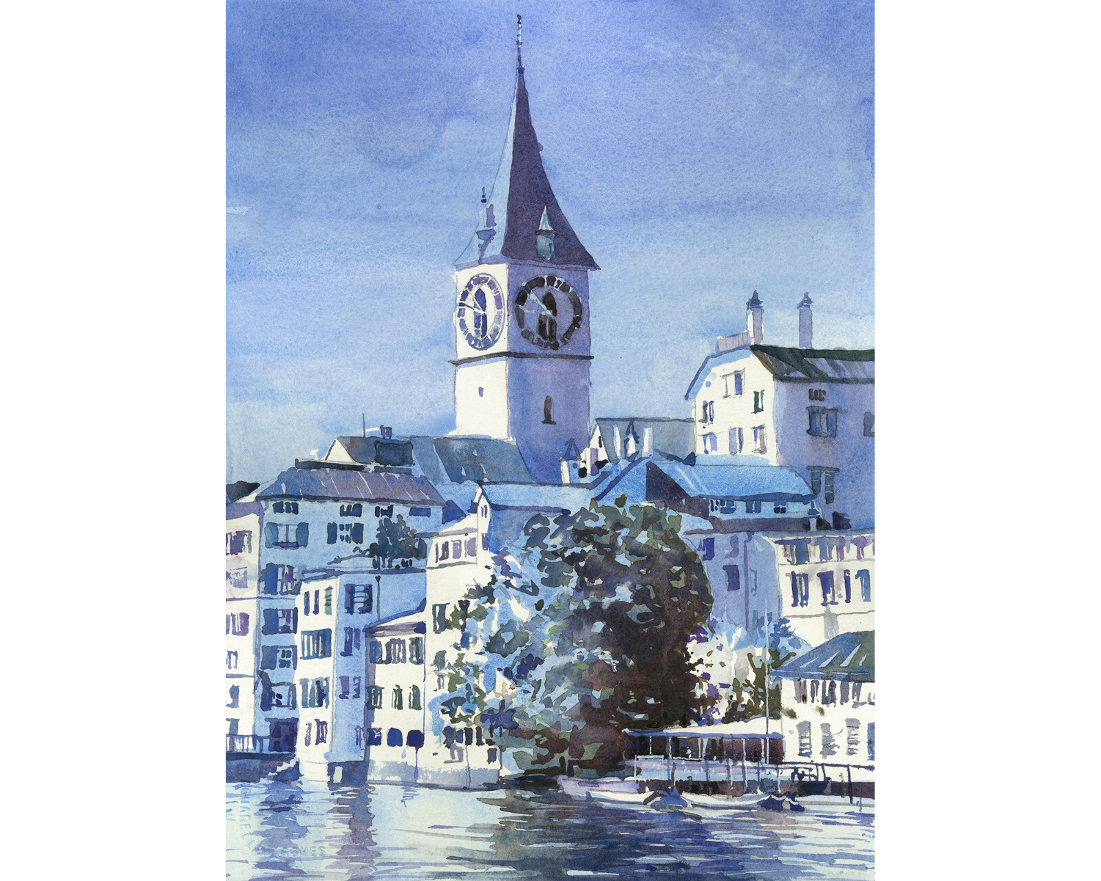 Zurich Switzerland skyline watercolor painting medieval architecture (original)