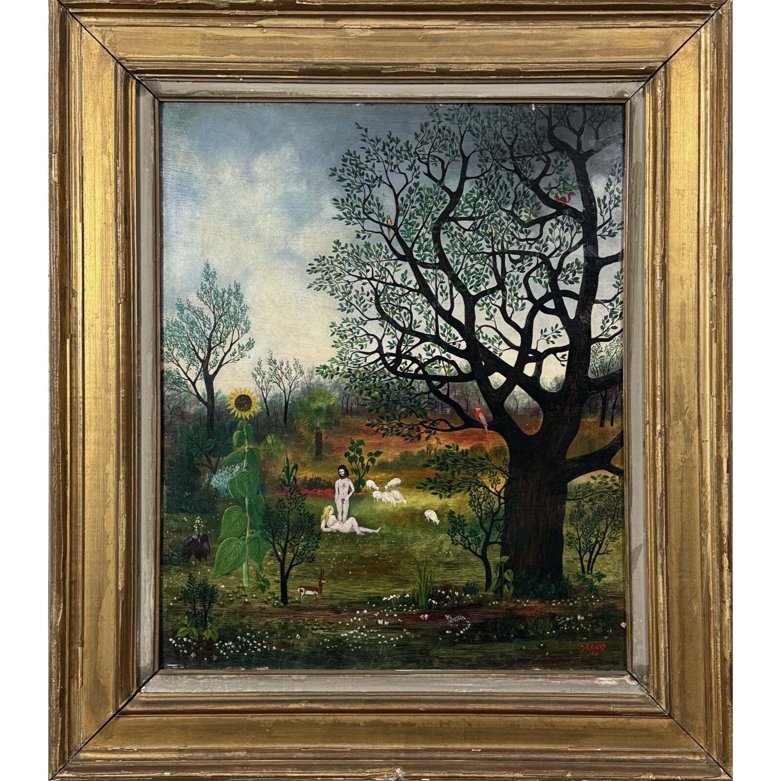 Vintage Folk Art Pastoral Tropical Landscape with Two Figures and Sheep, Signed