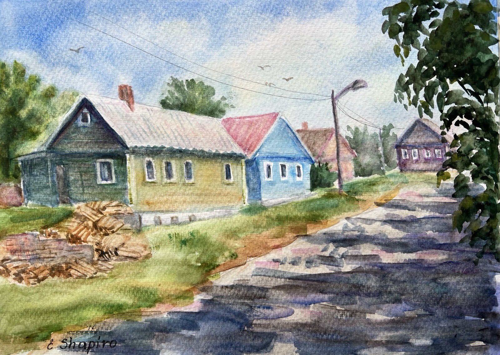 Hand Painted Village Street Landscape Watercolor Painting 11×14 Wall Art