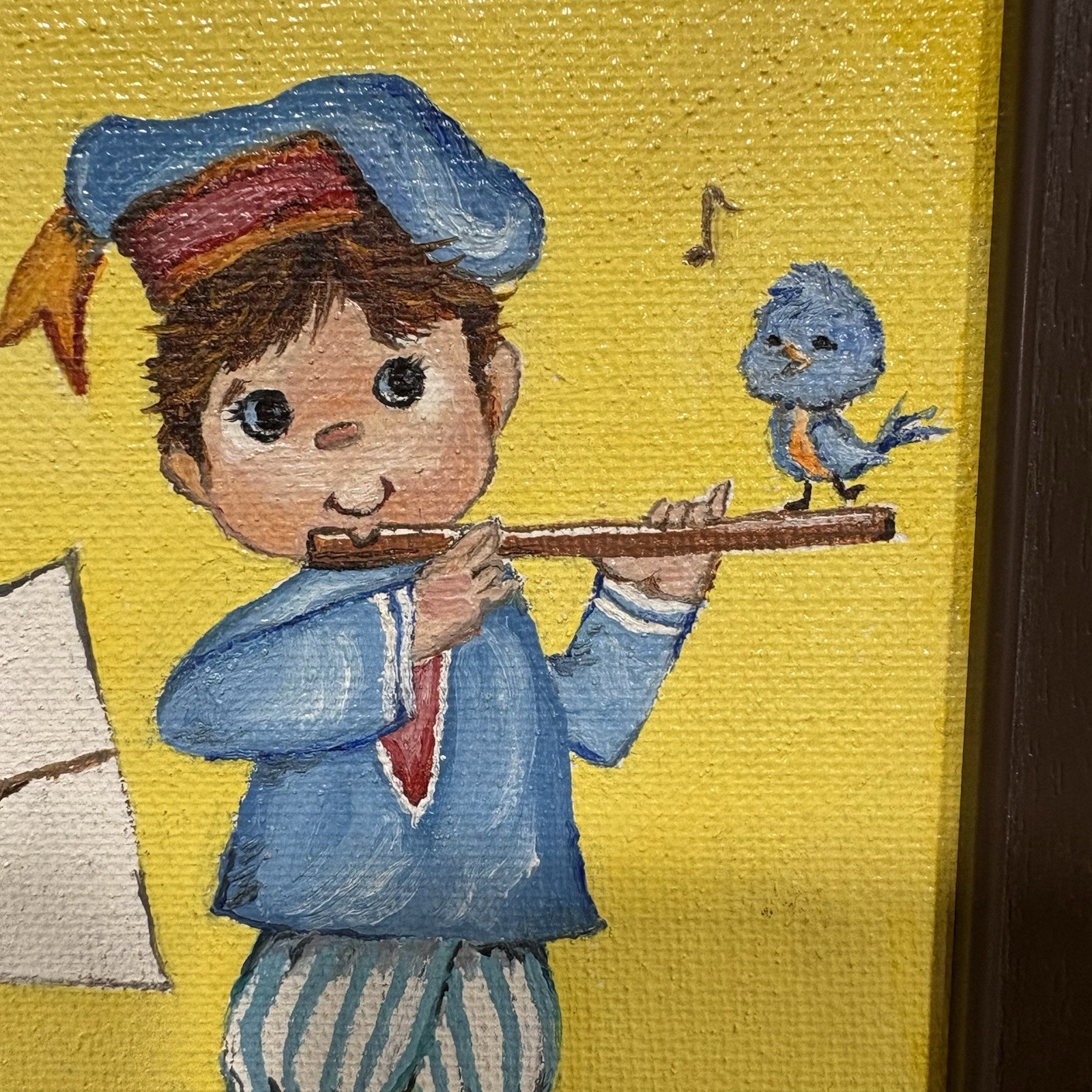 Framed Canvas Painting Small Signed E Weeks Boy Playing Flute 8.5” X 6.5”