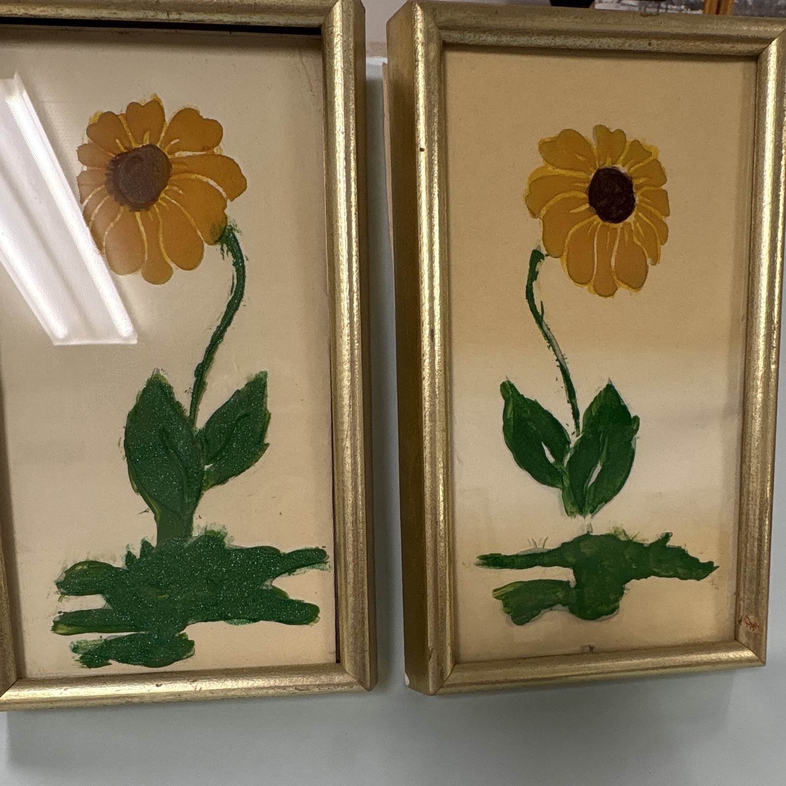 Set of 2 Framed Folk Art Floral Flower Paintings Diptych Wall Art Decor