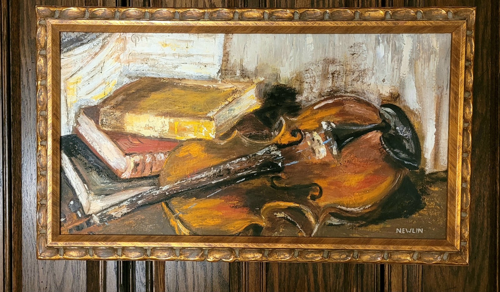 Original Signed Painting Violin Resting on Books, Scalloped Gilt Frame, Newlin