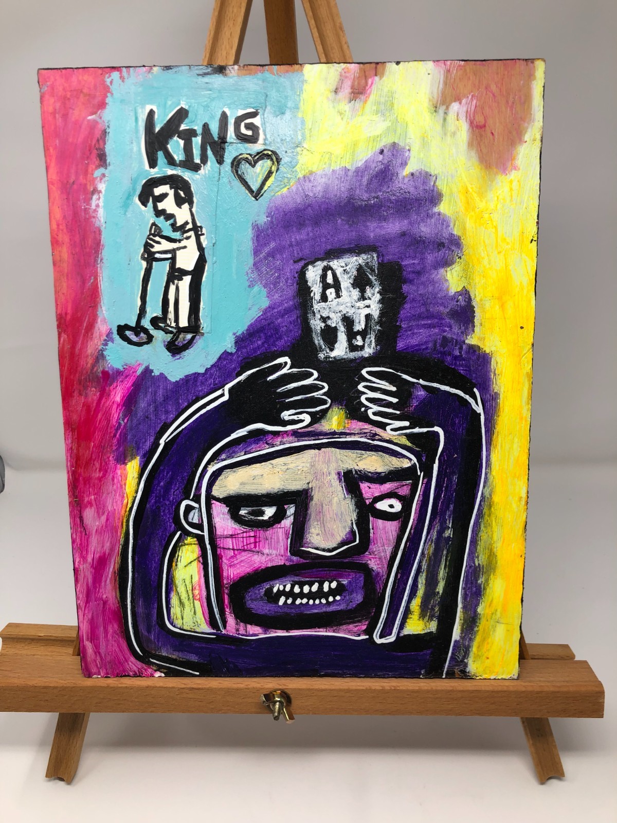 Original Brut Outsider Folk Artist T-Marie Nolan Painting on Wood Elvis and Ace