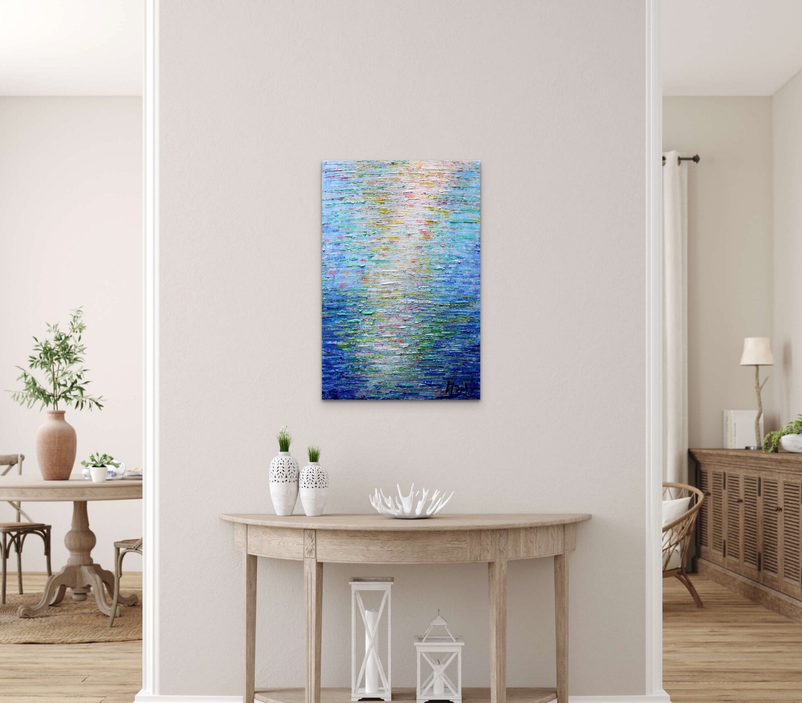 Nautical Coastal Wall Art – Minimalist Blue Beige Seascape Painting