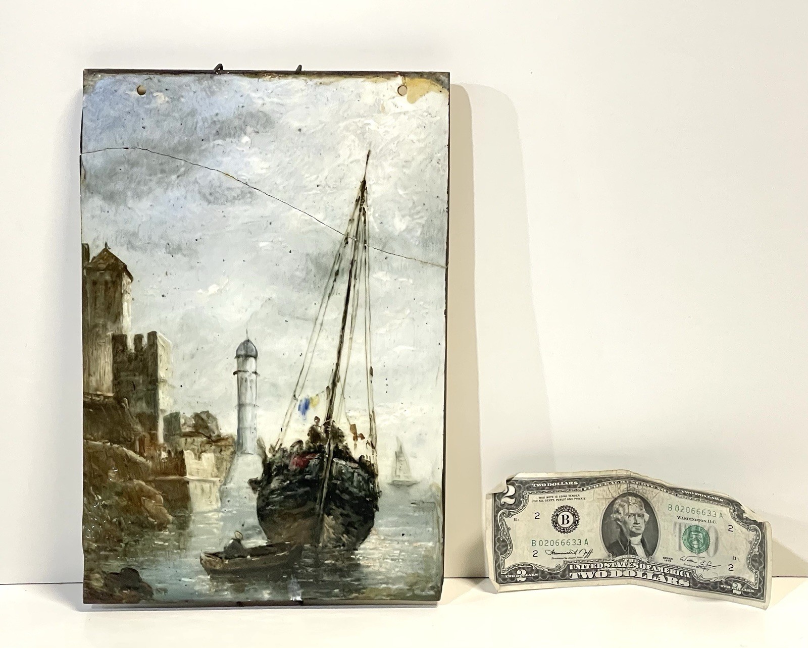 Antique Painting On Pottery Plaque Harbor Scene As Is