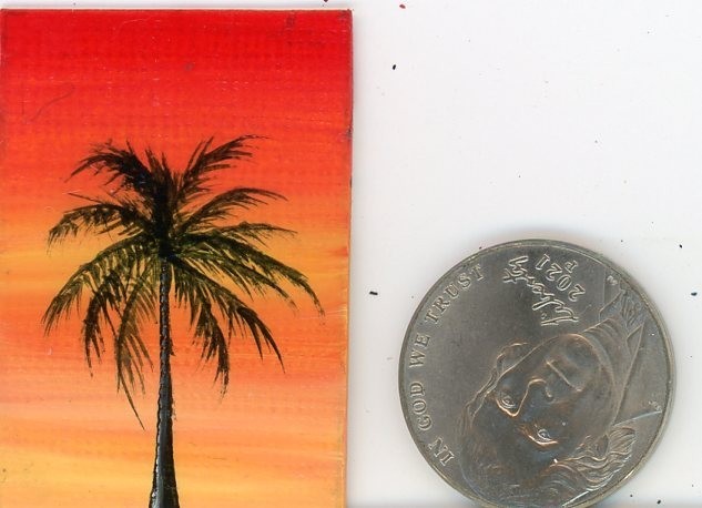 ORIGINAL 1×1.5 Acrylic Dollhouse Painting Micro Palm Trees Tropics Sunset HYMES