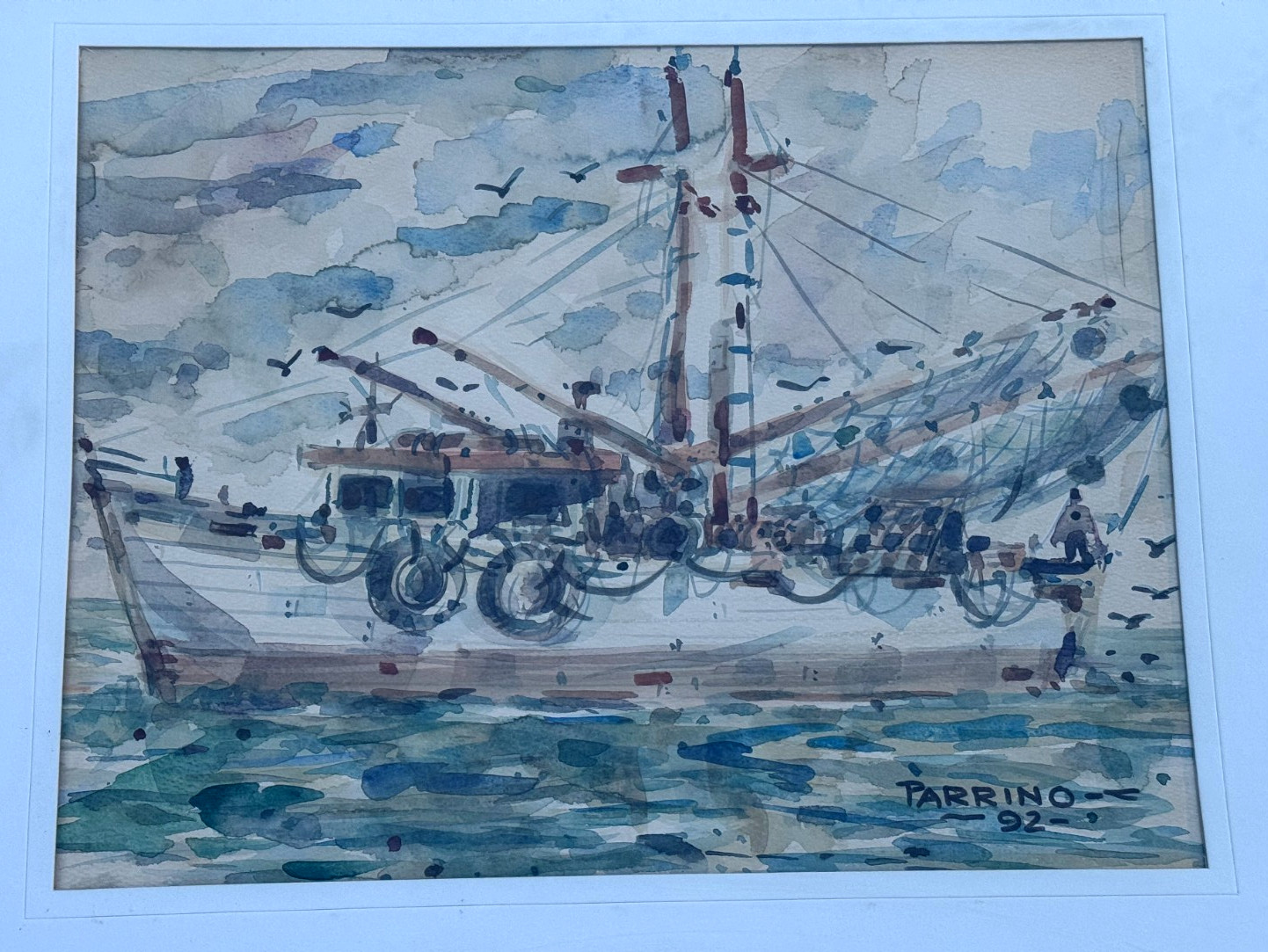 PARRINO ORIGINAL WATERCOLOR PAINTING FISHING BOAT NAUTICAL SEASCAPE SIGNED ART