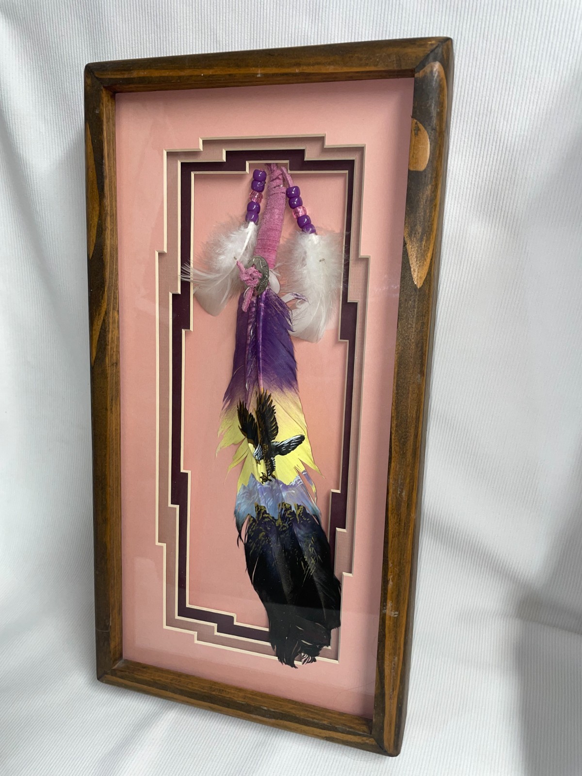 Hand Painted Flying Eagle On Turkey Feather W/ Leather Strips & Plastic Beads