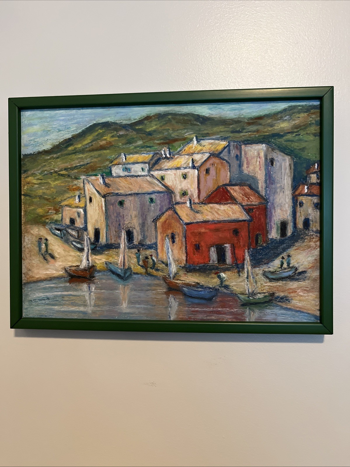 Vintage Original Chalk Drawing -Seaside Village-sailboats-Green Frame-16”x11 3/4