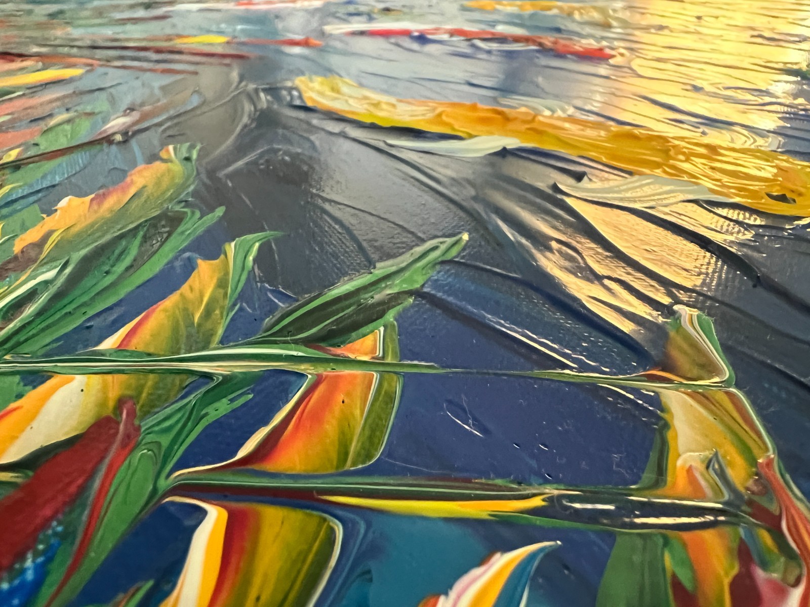 Vibrant original abstract by Michael Hall 36″x48″ Koi fish