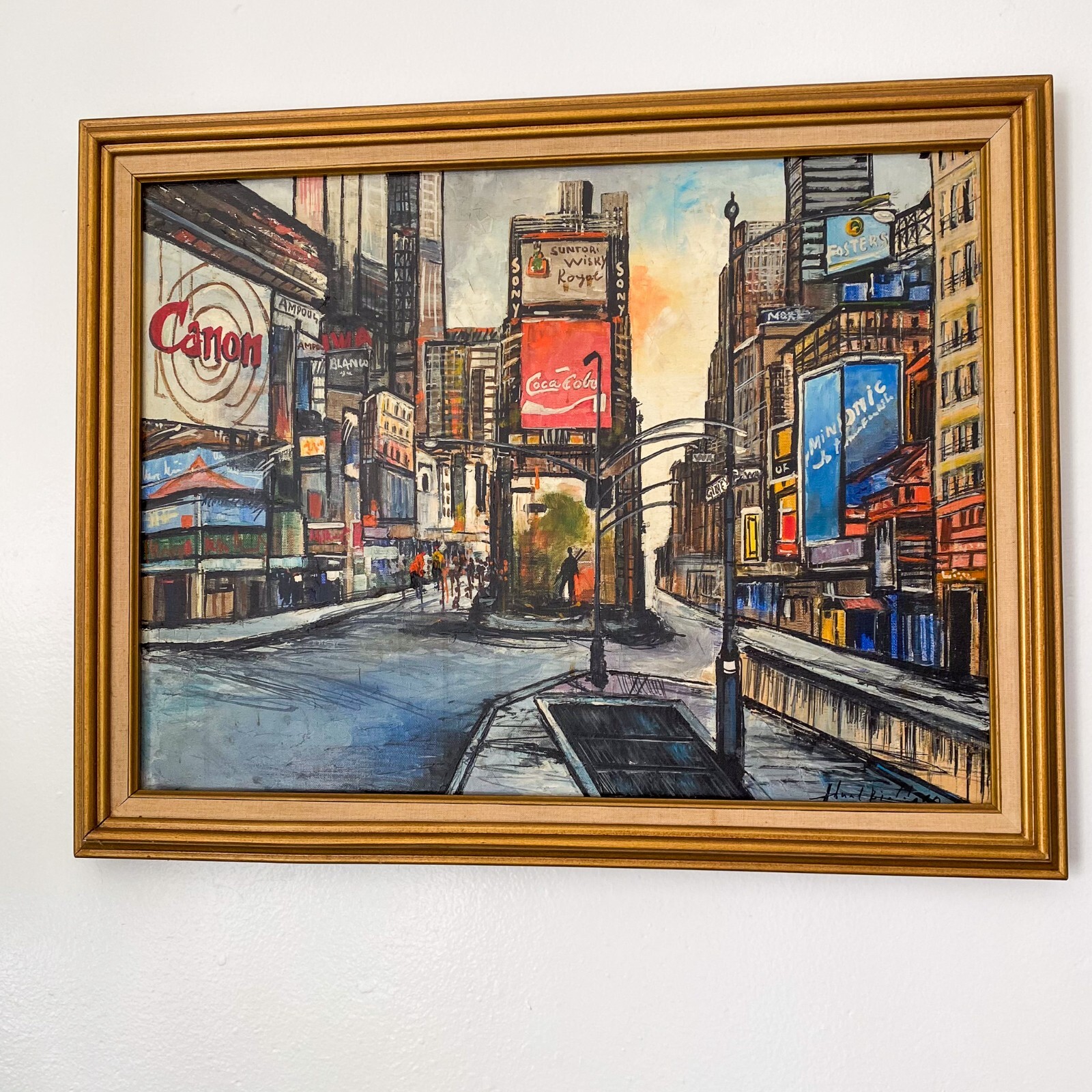Vintage New York TIMES SQUARE Original Art Framed Painting NYC Cityscape Oil?
