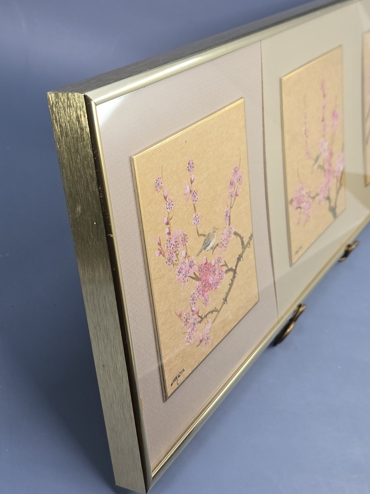 Vtg 3 Original Panel Cherry Blossoms & Birds Watercolor Paintings Framed