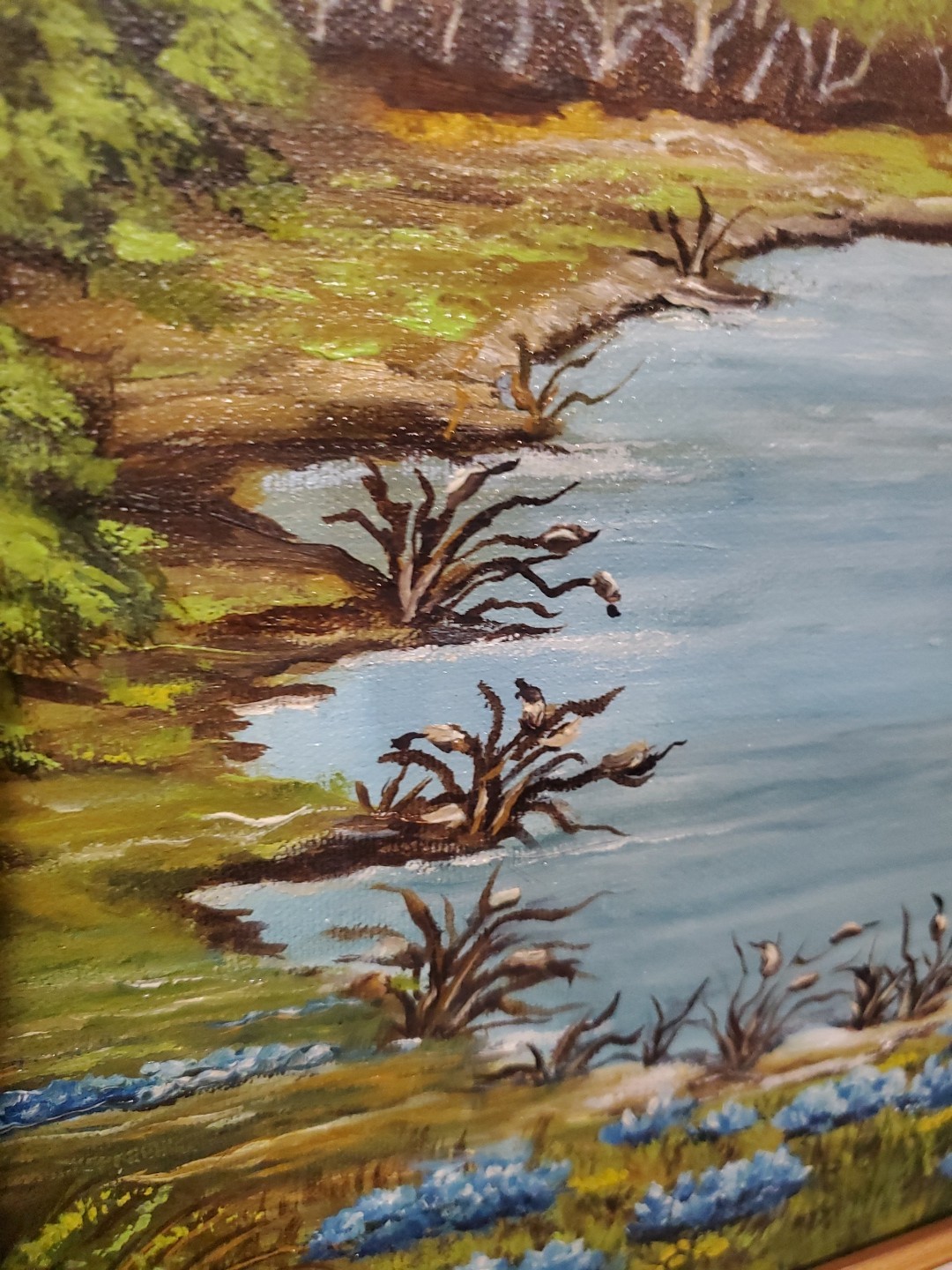 Original oil painting Vibrant!!! Blue Flowers Pond Forest Landscape SIGNED