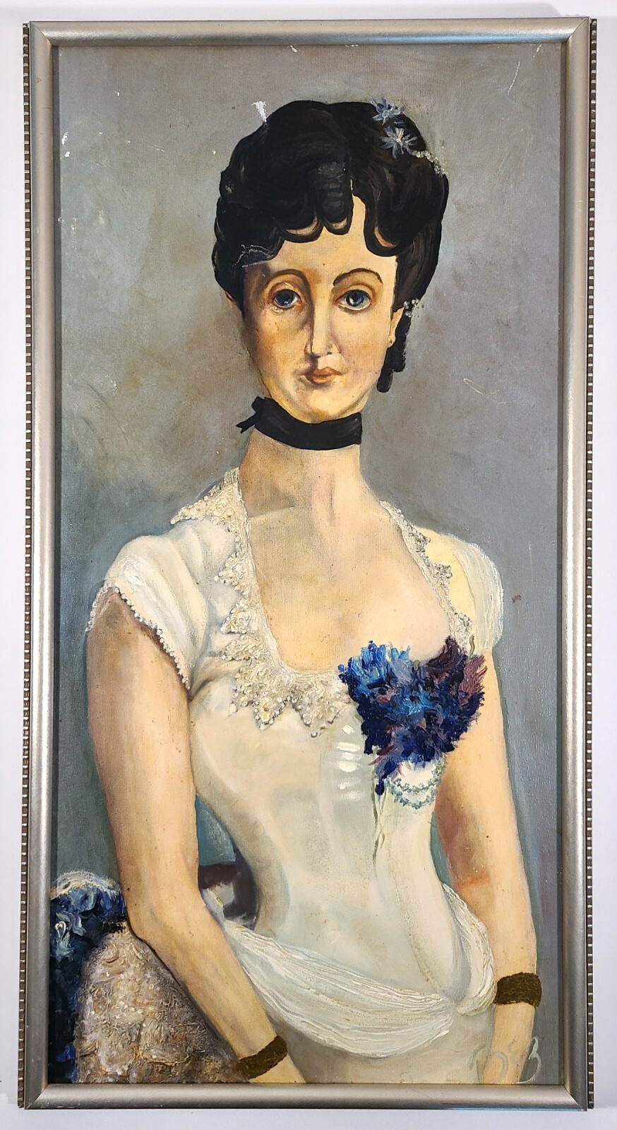 LARGE FEMALE PORTRAIT VINTAGE OIL PAINTING HOLLYWOOD REGENCY EXAGGERATED NECK