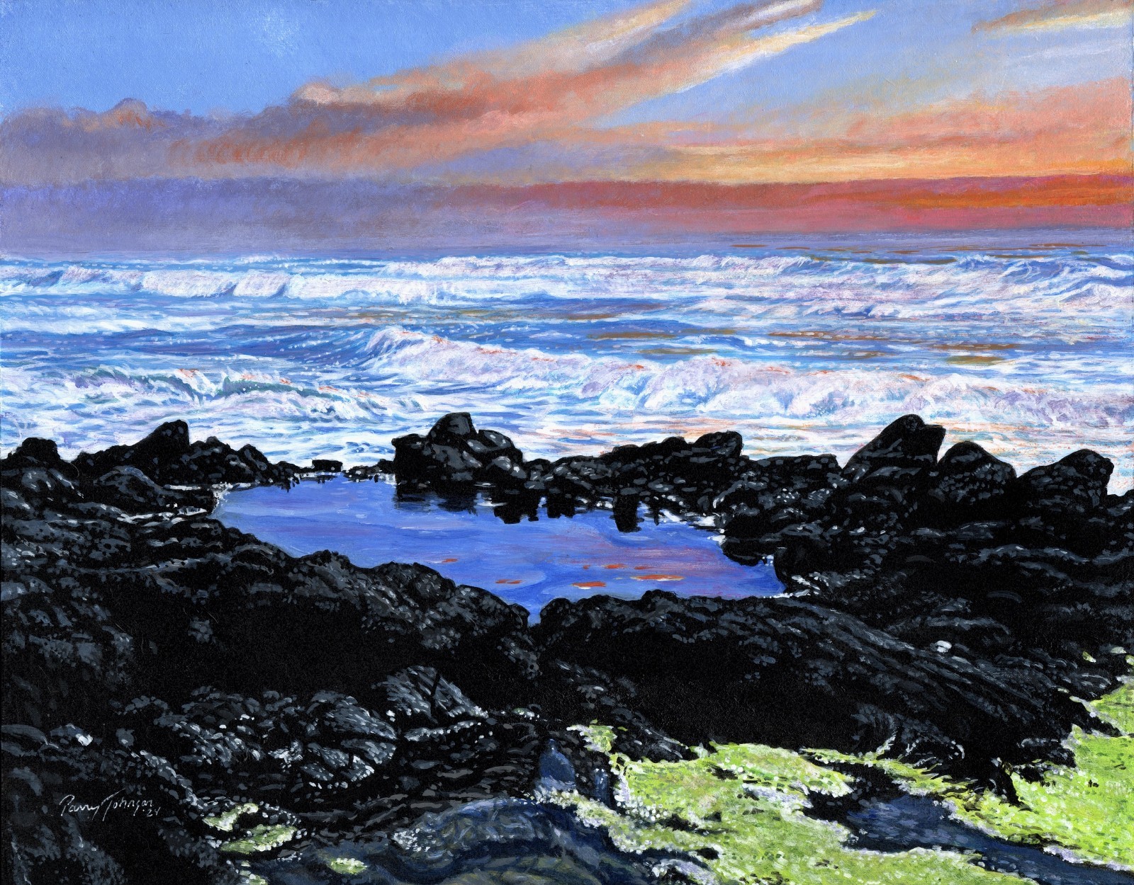 Original Oregon Coast Seascape Painting Tidepool Sunset 11×14 Parry Johnson