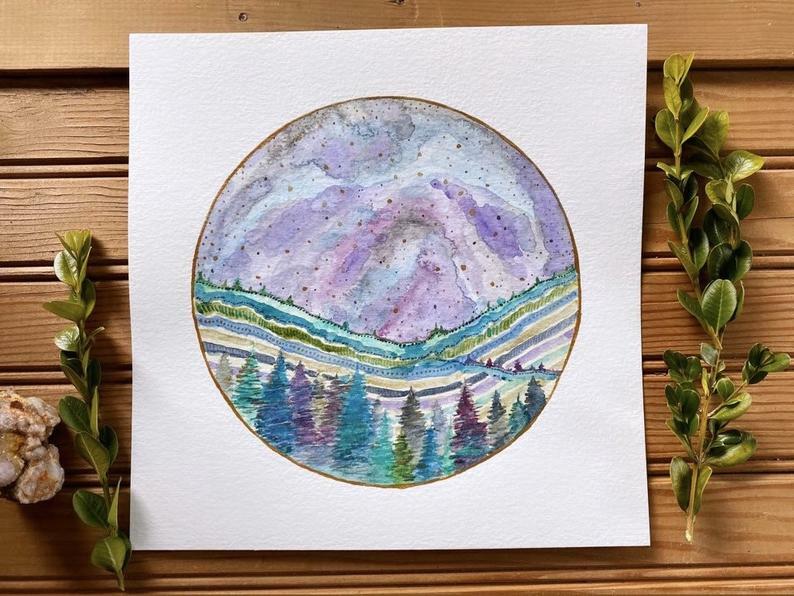 ORIGINAL Aurora Borealis Watercolor Mountain Painting Art Work Night Universe