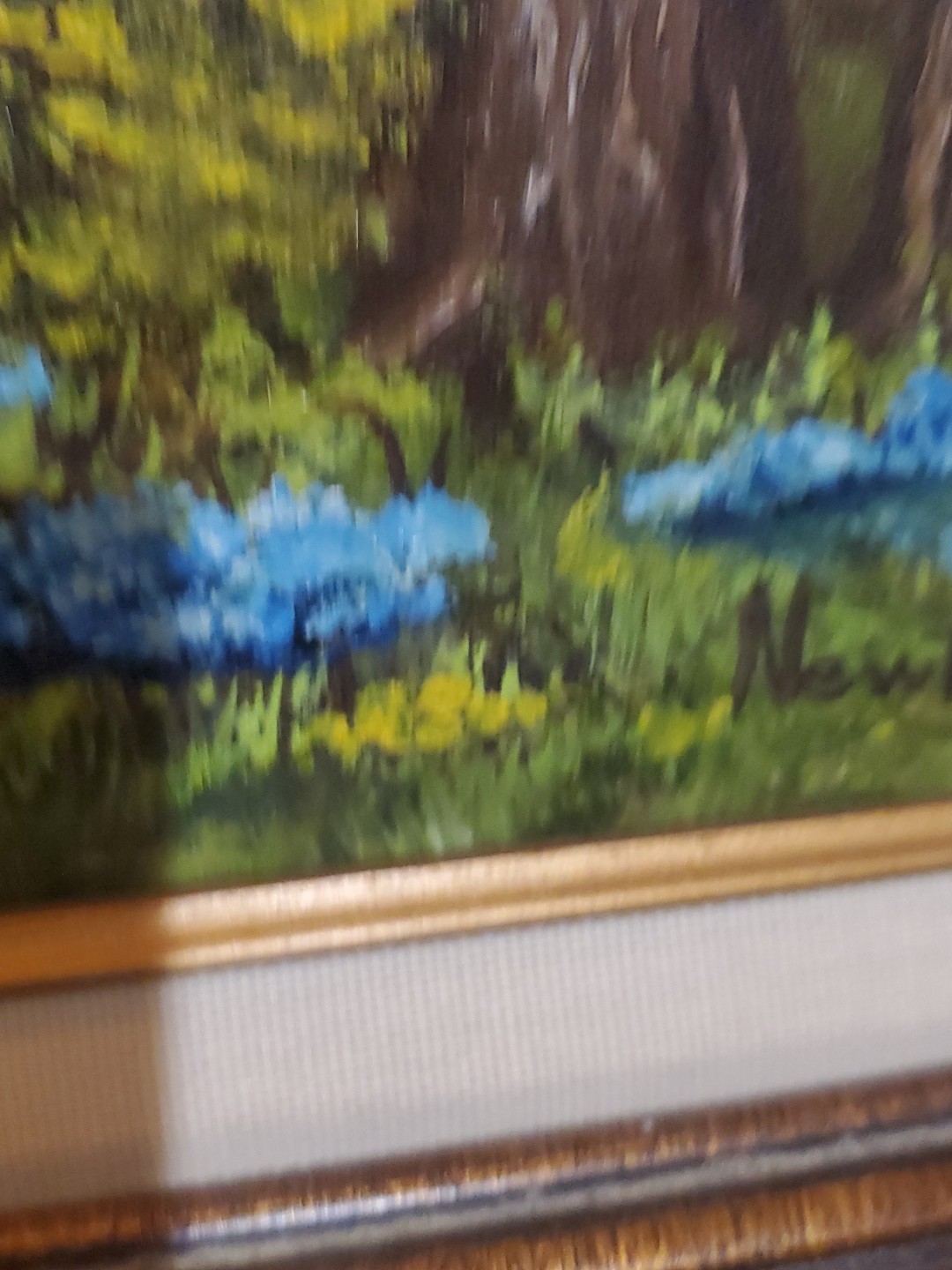 Original oil painting Vibrant!!! Blue Flowers Pond Forest Landscape SIGNED