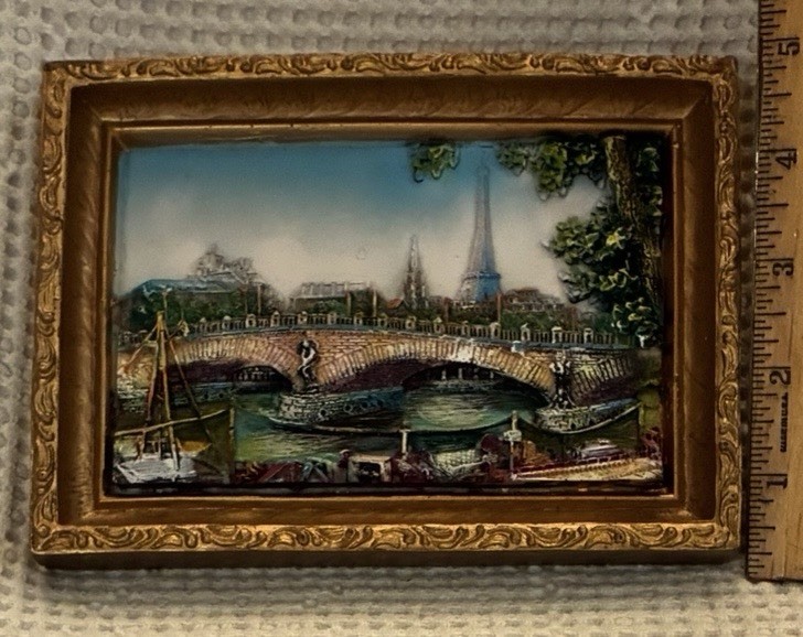 3D Painted resin &plaster relief gold “frame” Seine river Eiffel Tower Paris 5×7