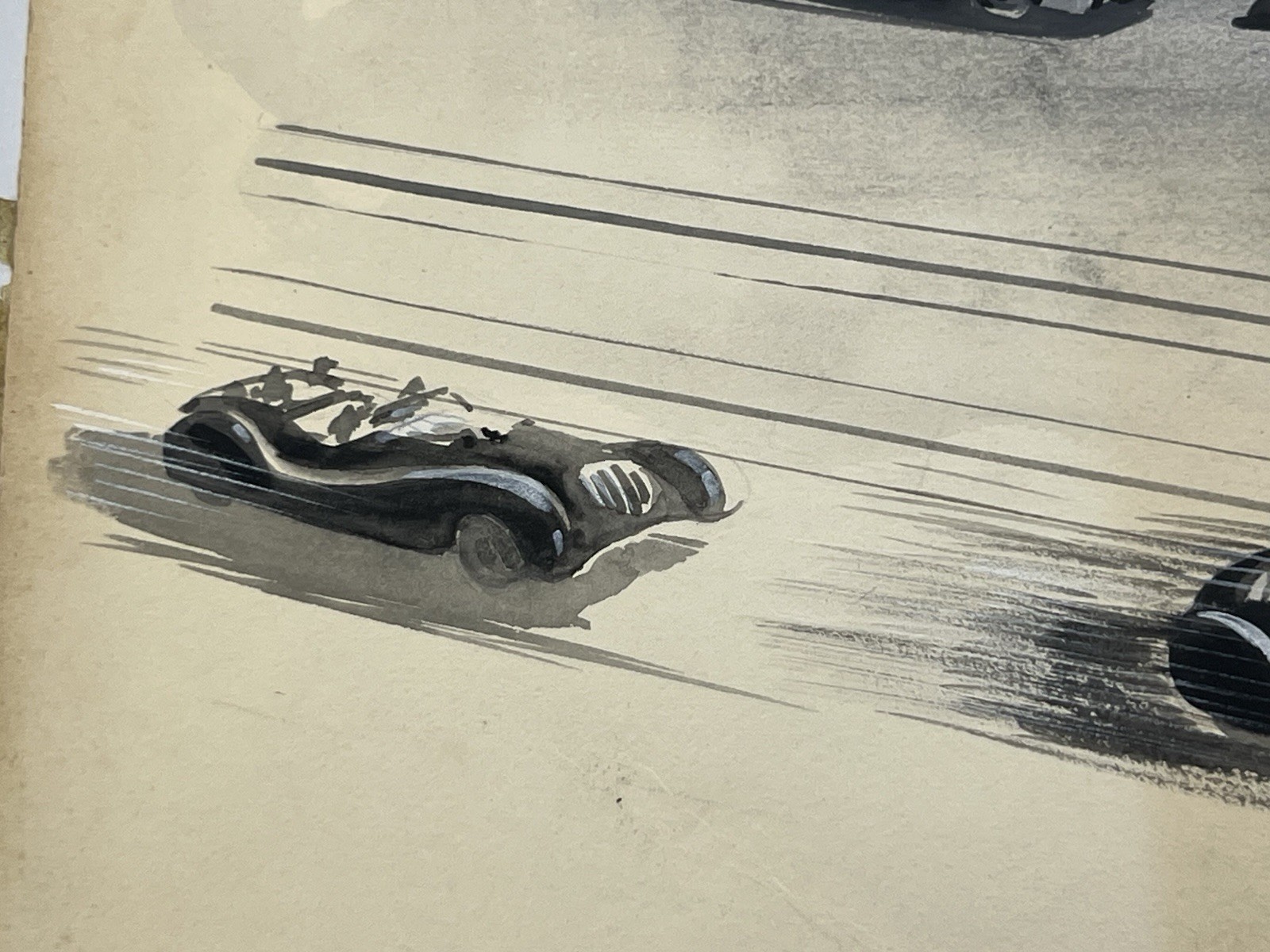 Postwar Ink & Wash Painting City Scene with Classic Cars 10×15” Illustration Art