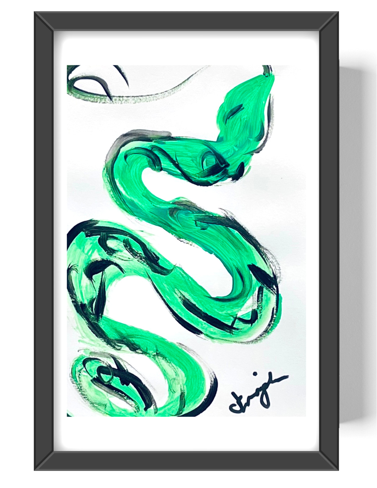 Guajardo Art: Green Snake 9X6 Paper Original Whimsical Signed Art