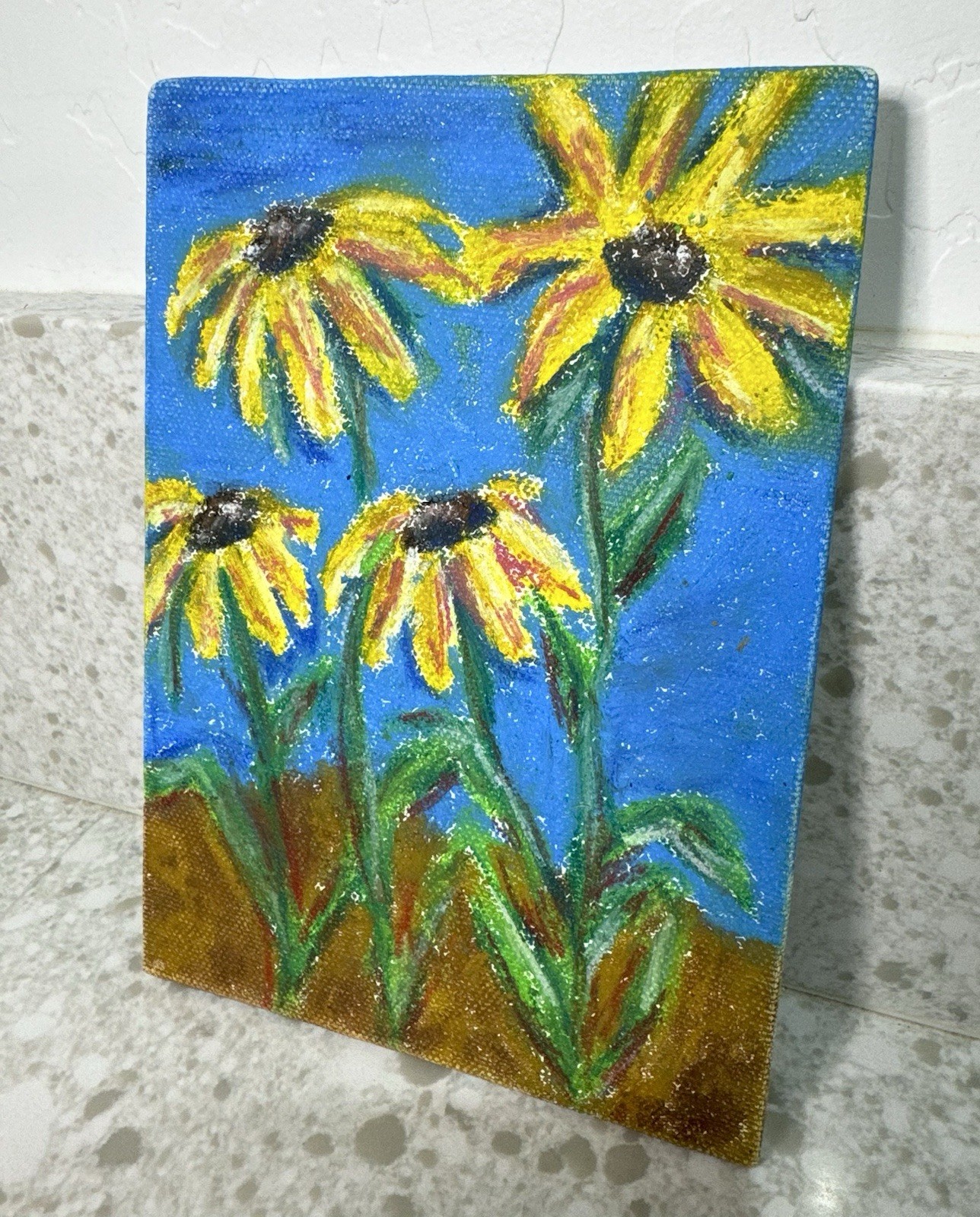 Daisy Floral 5×7 Pastel Drawing Painting on Board Picture Flowers Yellow Daisies
