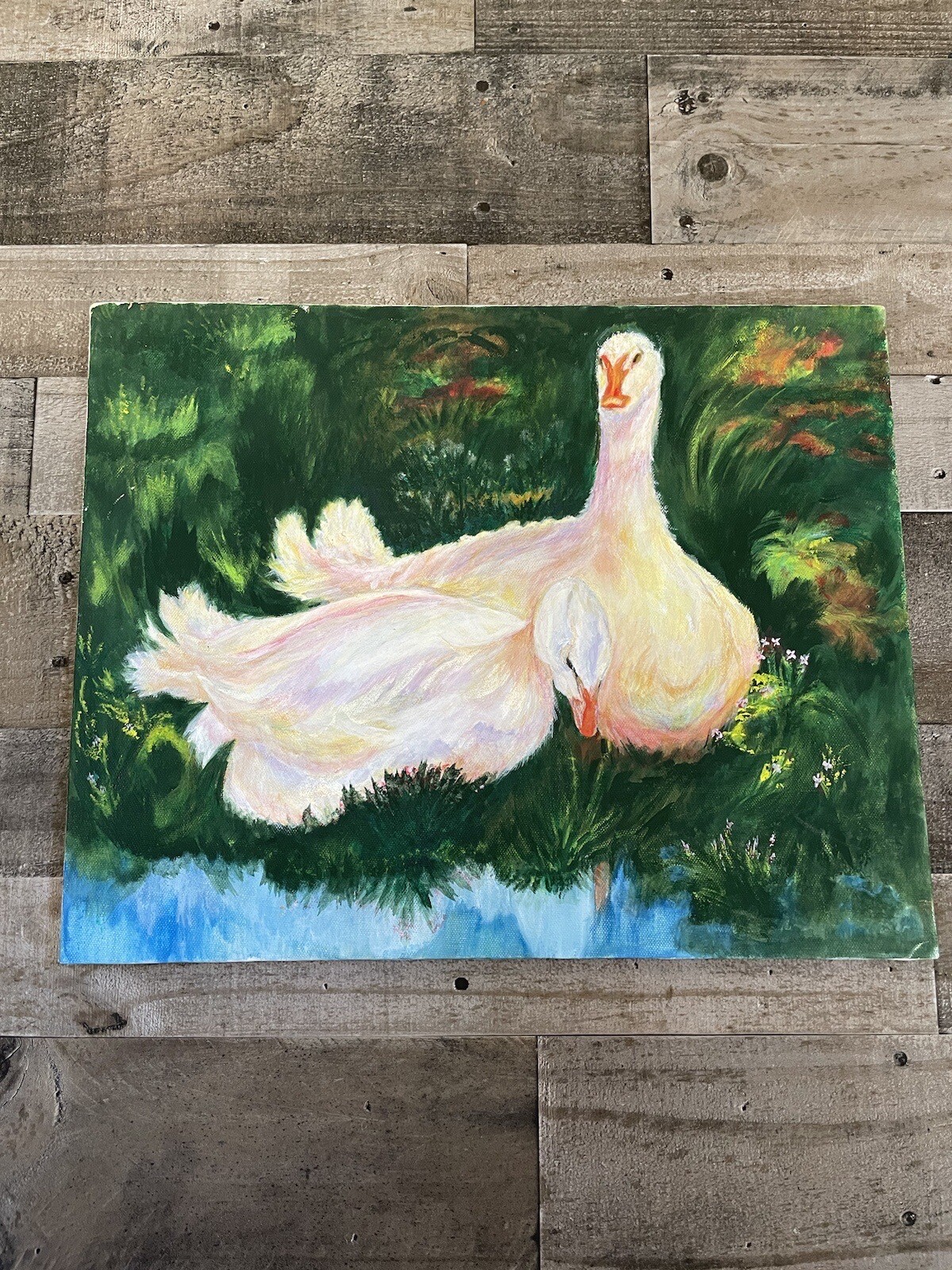 Oil on Canvas Painting Goose Pair Swan Unsigned Student Work 20 x 16 Original