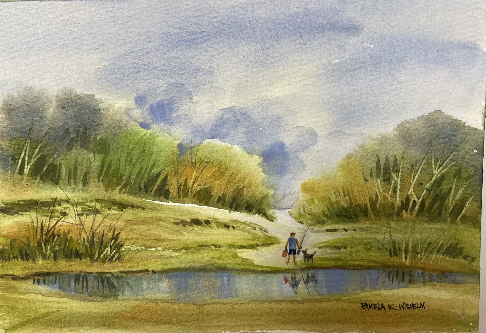 5×7 Original Watercolor Pamela Wilhelm Fishing At The Summer Pond Reflections