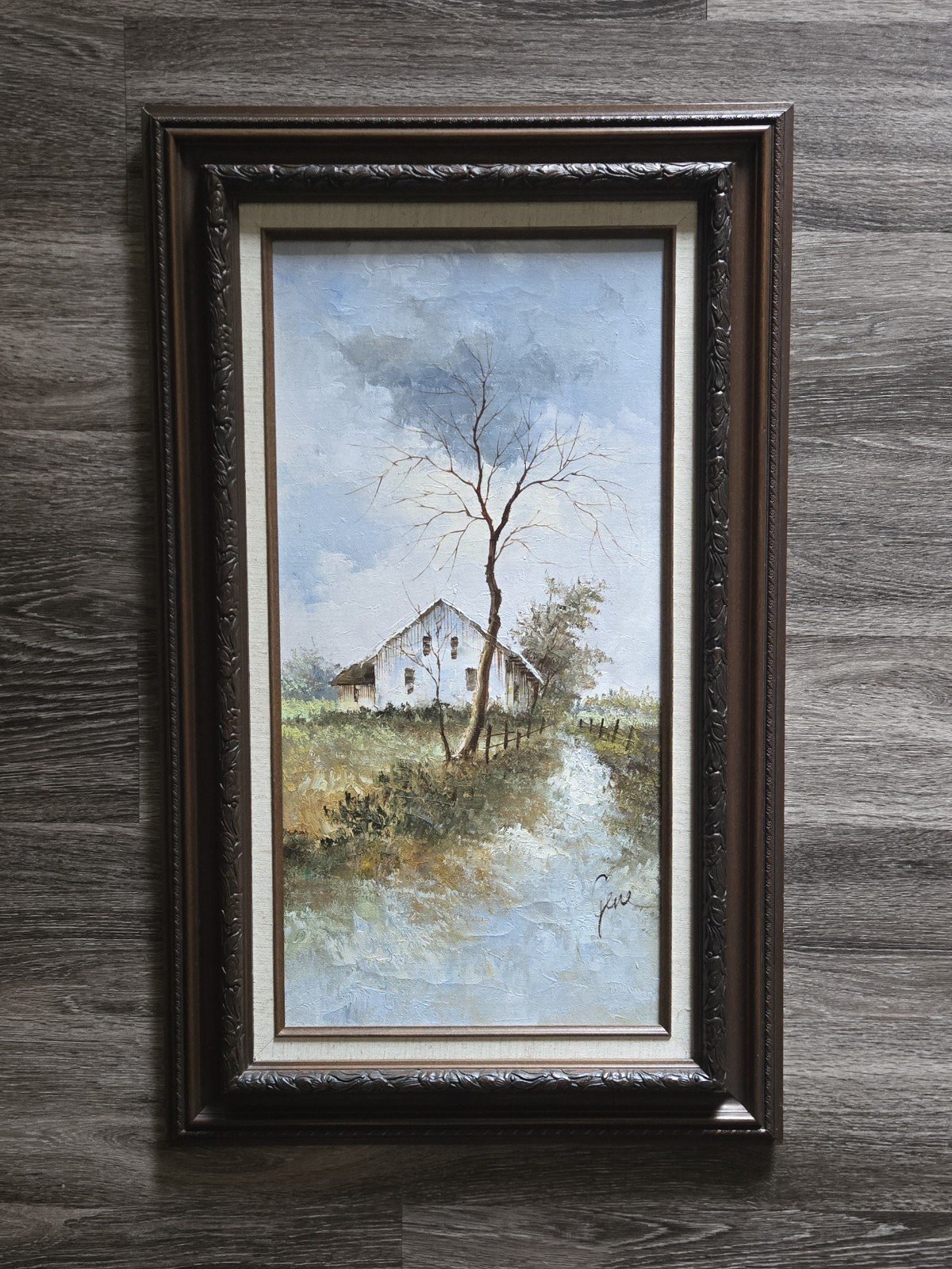 GENE Original Oil Painting on Canvas Framed Barn Farm Landscape – 19in x 31in