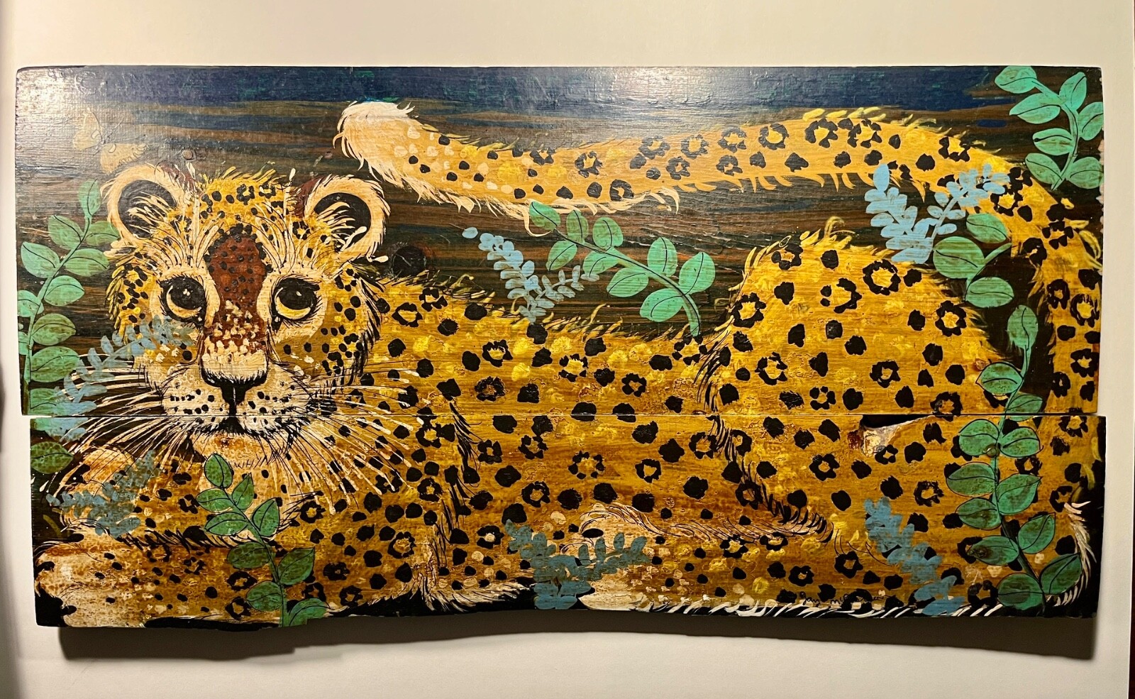 1960’s Oil on Rustic Wood Boards LEOPARD Painting by Jan McPherson Signed 36×18″
