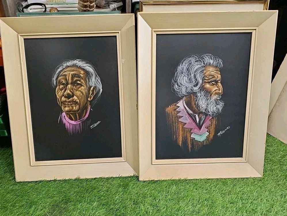 Vintage Pair of Velvet Portrait Paintings – Elder Native American Man & Woman –