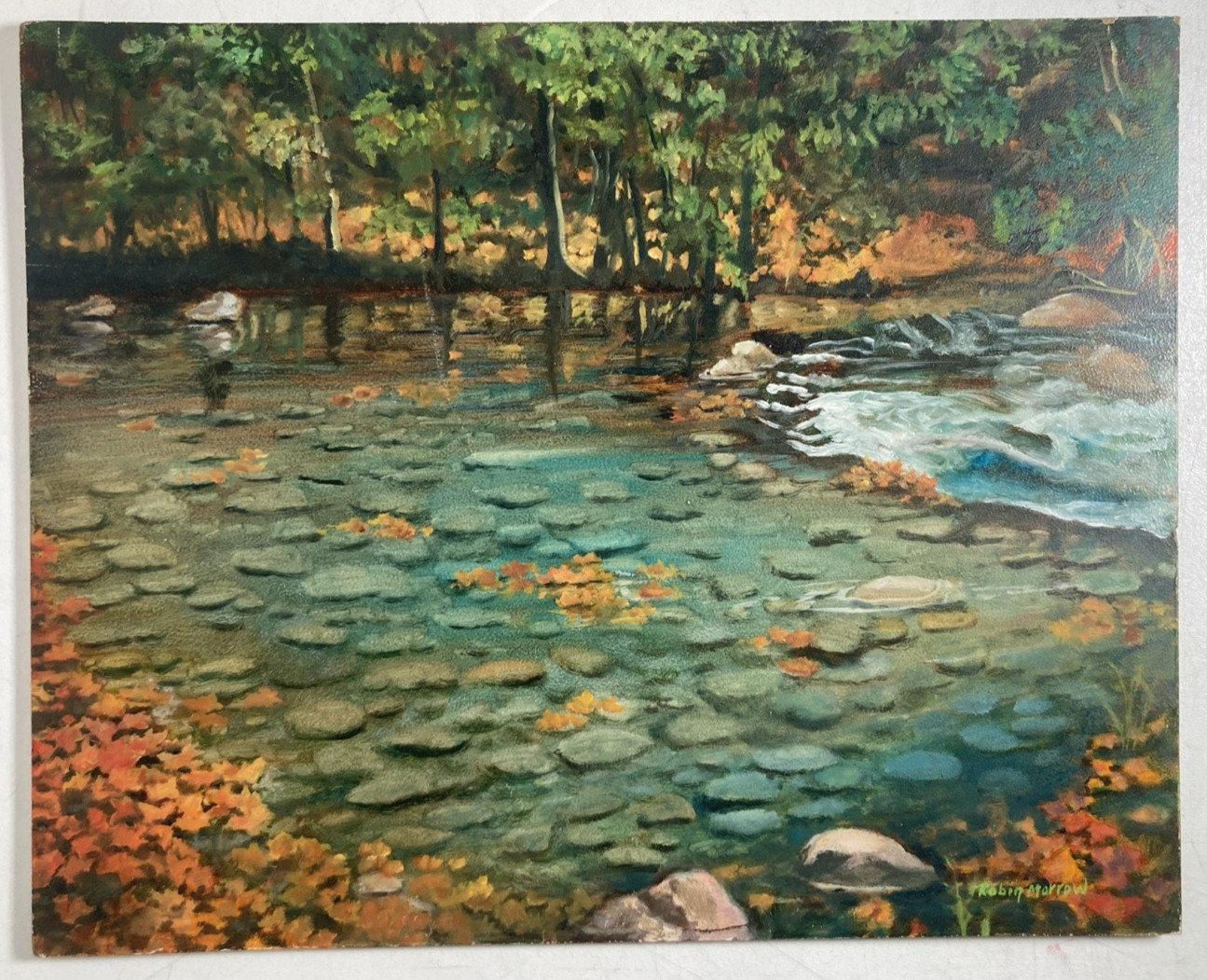 Vintage Original Oil Painting Reflective Forest Pond Fall Leaves Signed 16 X 20
