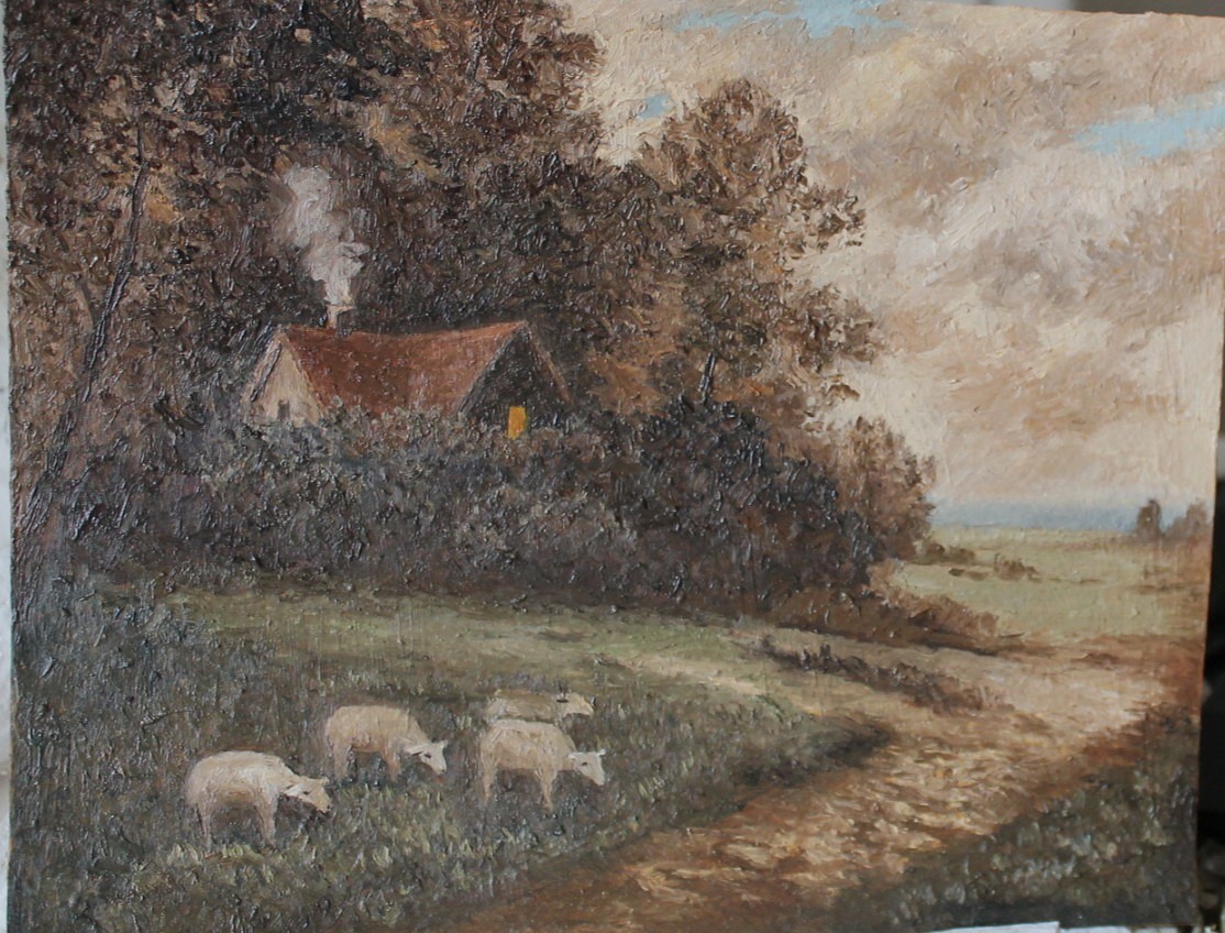 8×10″ Original Oil Painting – Landscape – Impressionist – Cottage sheep #W4544