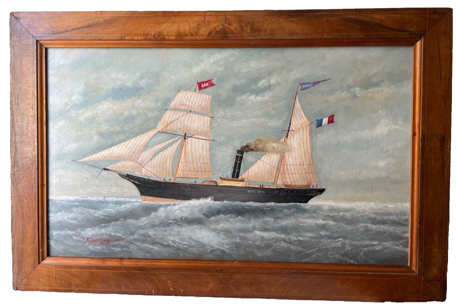 After John Scott Signed Antique Oil Painting French Steamer Sailing & Steamship