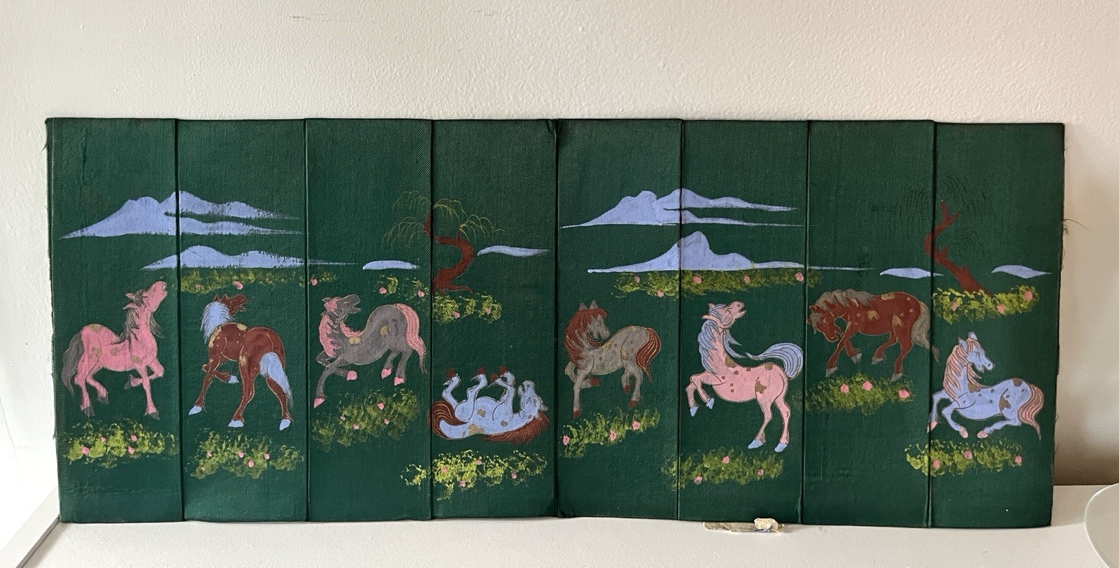 Early 20th C. Gouache On Silk Chinese Eight Horses Painting 9.5” x 22”
