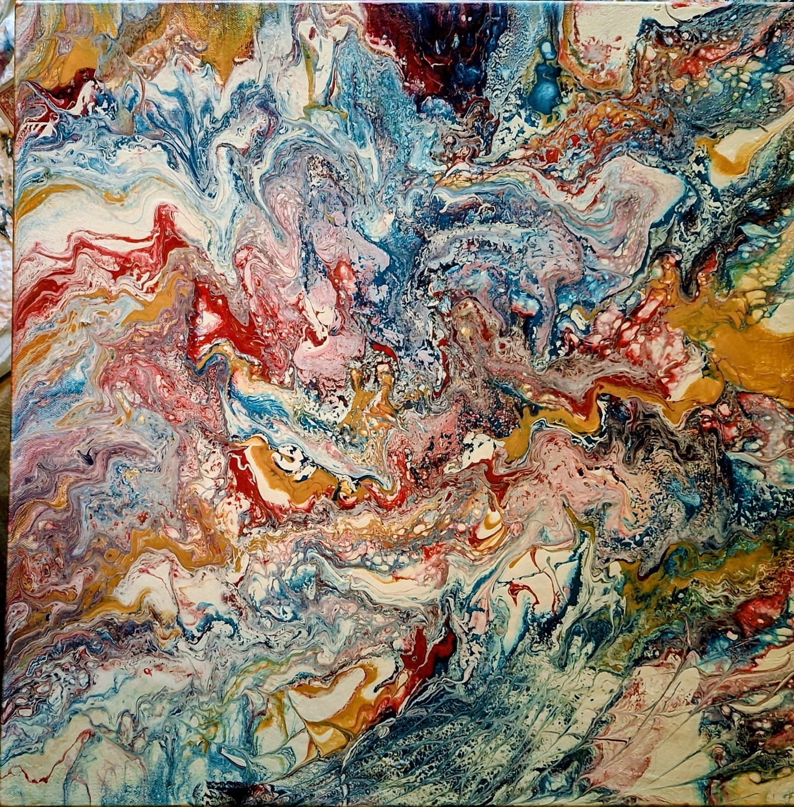 Abstract, Pour, Painting, Medium-sized, Red, Blue, Gold, Canvas, Original, OOAK