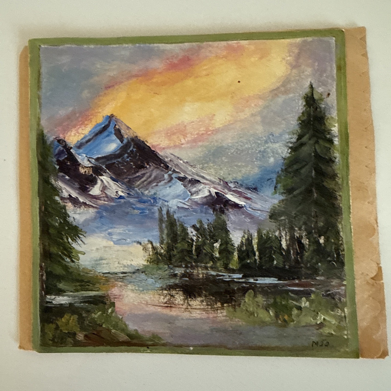 Hand Painted Acrylic Mountain Scene on paper 5 x 5 in “Bob Ross” style