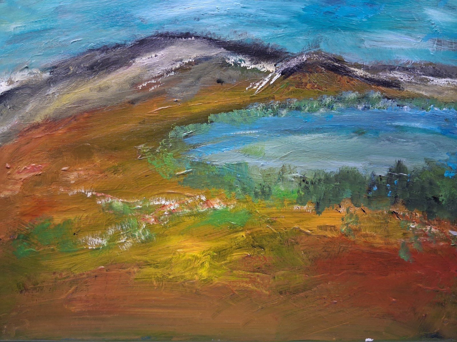original abstract art acrylic painting on canvas 16″ X 20″ Mountain And Lake