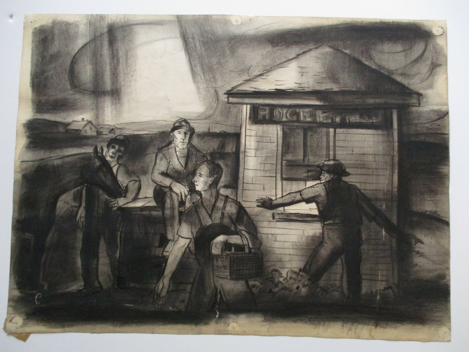 Antique Drawing American Regionalism Ashcan Wpa Horse Farm Workers Original 1930